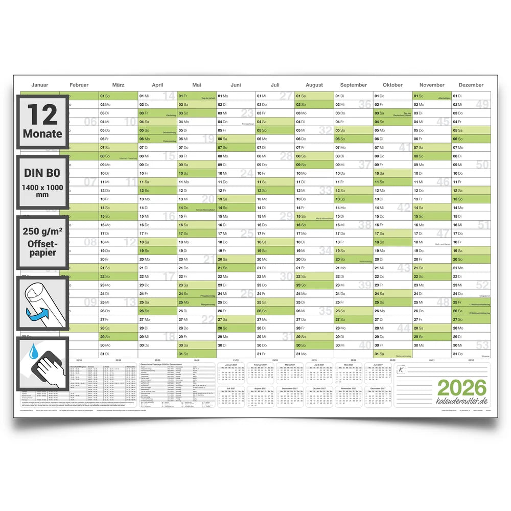 Jahreskalender deutsch 2026 B0 abwischbar gerollt 250 g Papier