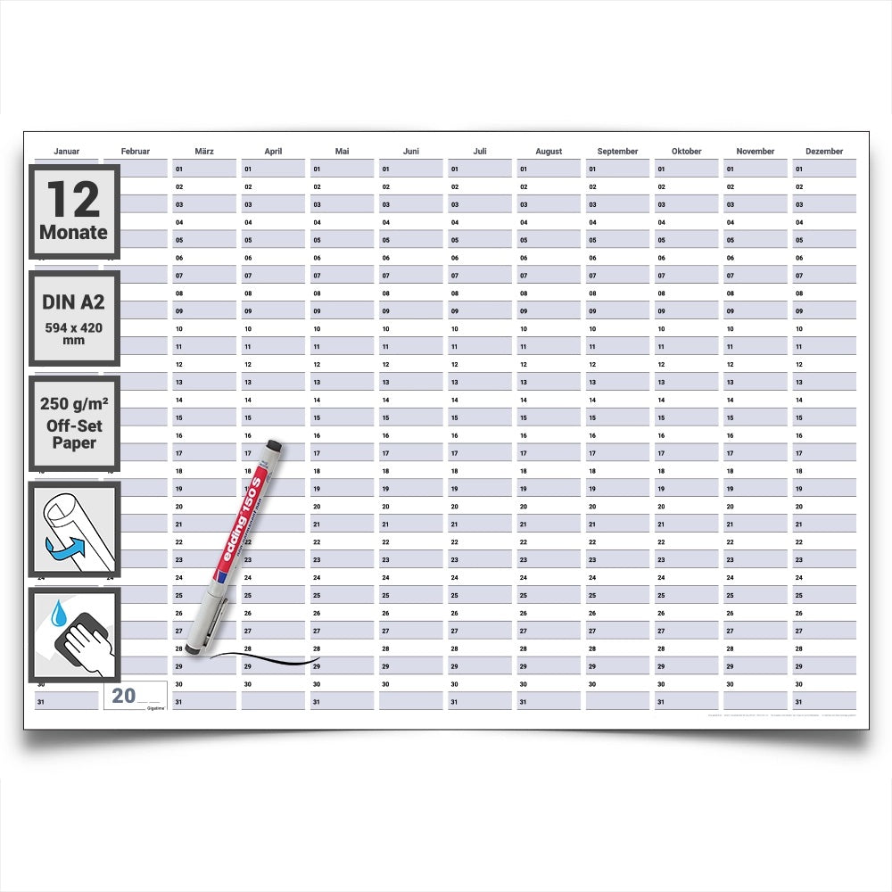 Dauerkalender DIN A2 abwischbarer Wandkalender gerollt mit Marker 250 g Papier