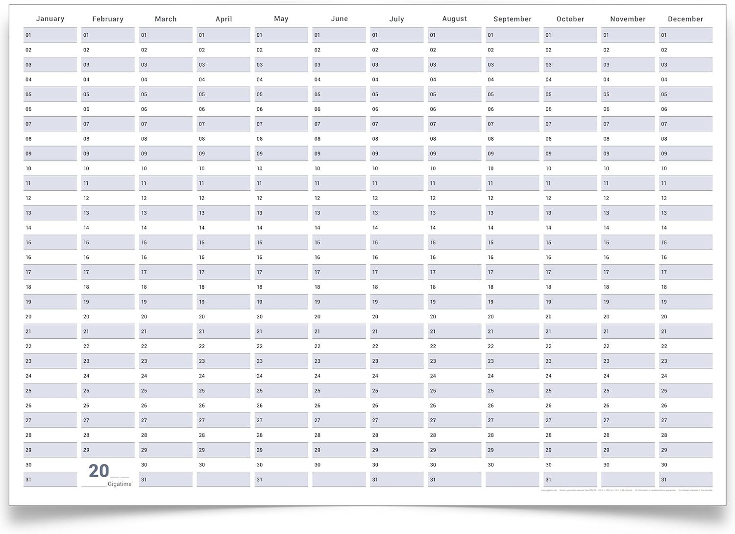 Dauerkalender englisch B0 abwischbar gerollt mit Marker 250 g Papier
