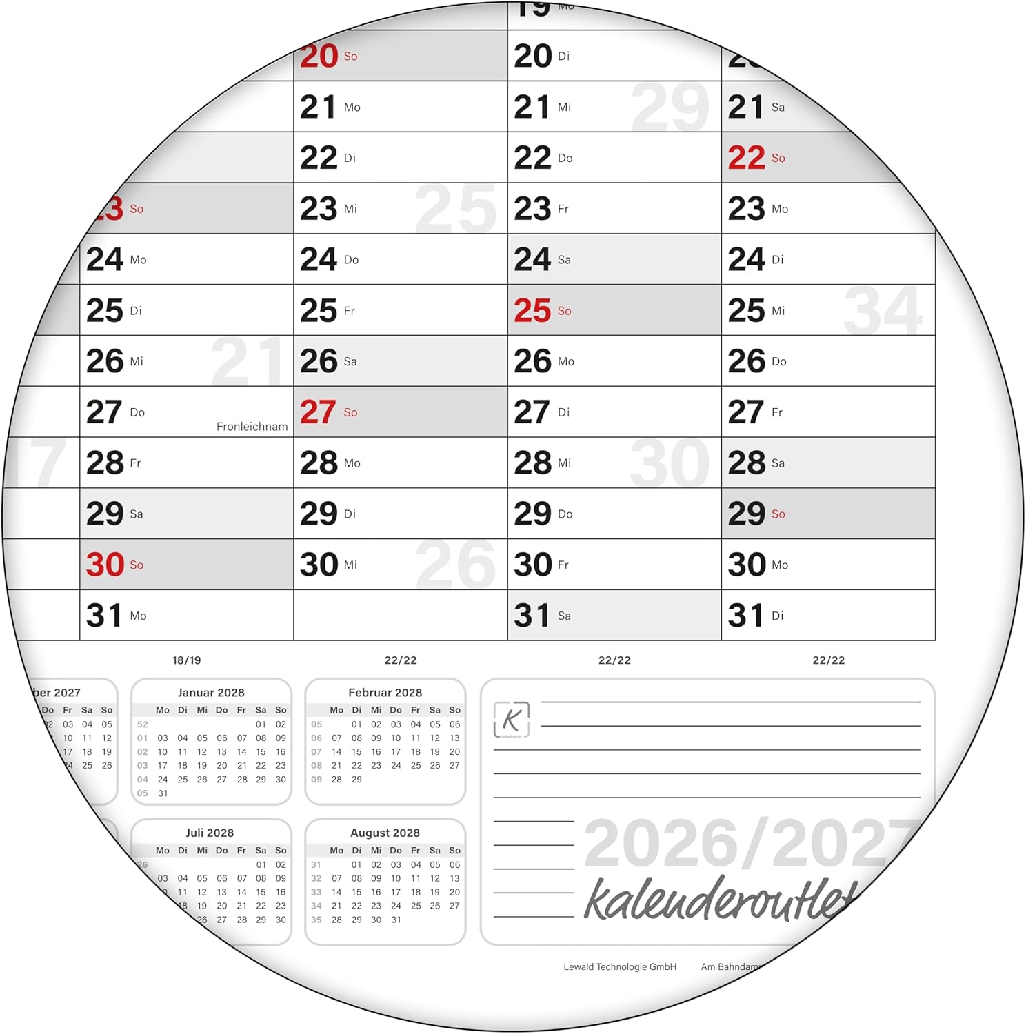 Schuljahreskalender 2026/27 A0 quer gerollt 250 g Papier
