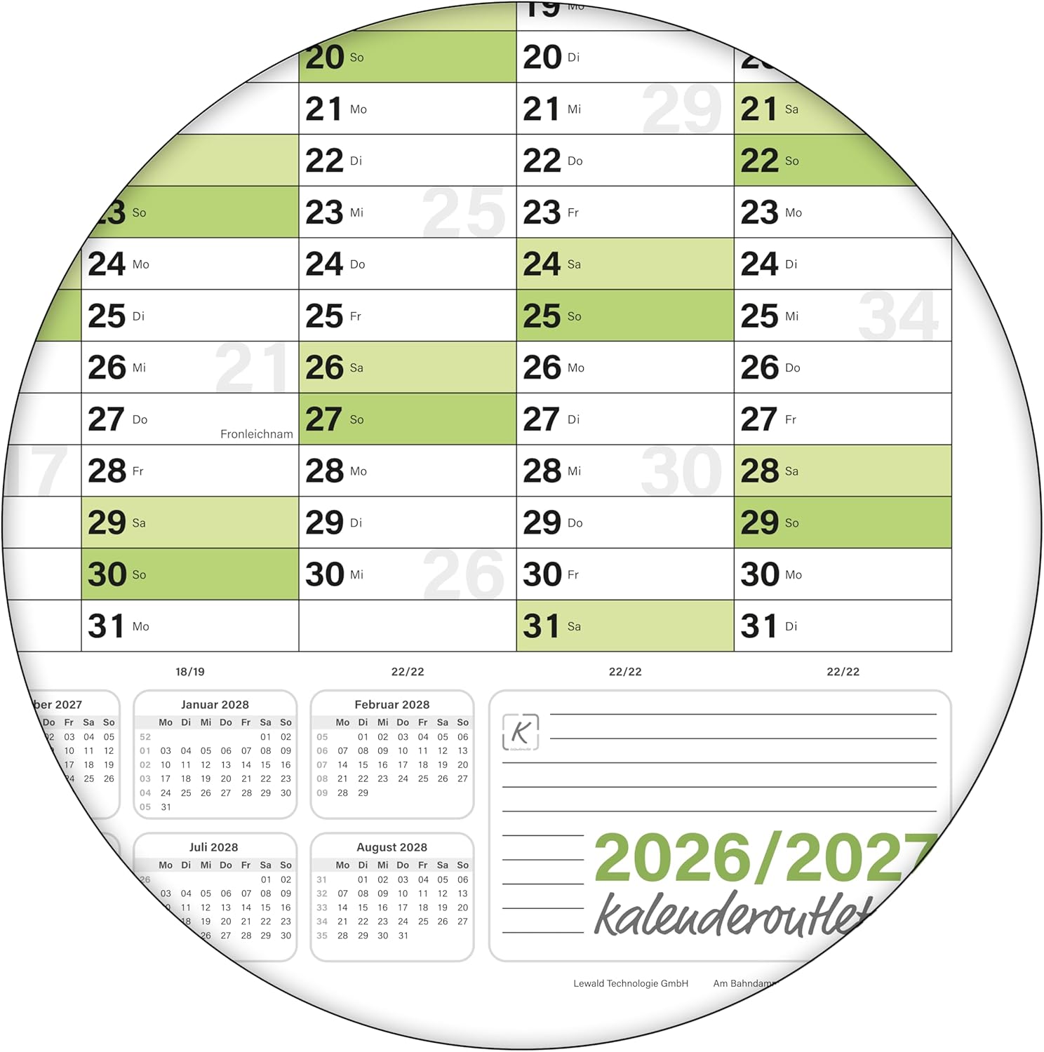 Schuljahreskalender 2026/27 A1 quer gerollt 250 g Papier