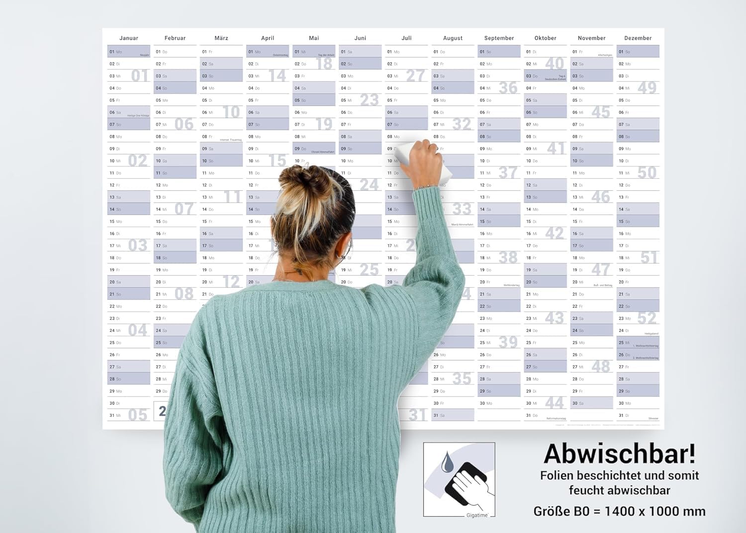 Jahreskalender 2027 A0 abwischbar gerollt mit 4er Stifte-Set & Schwamm 250 g Papier