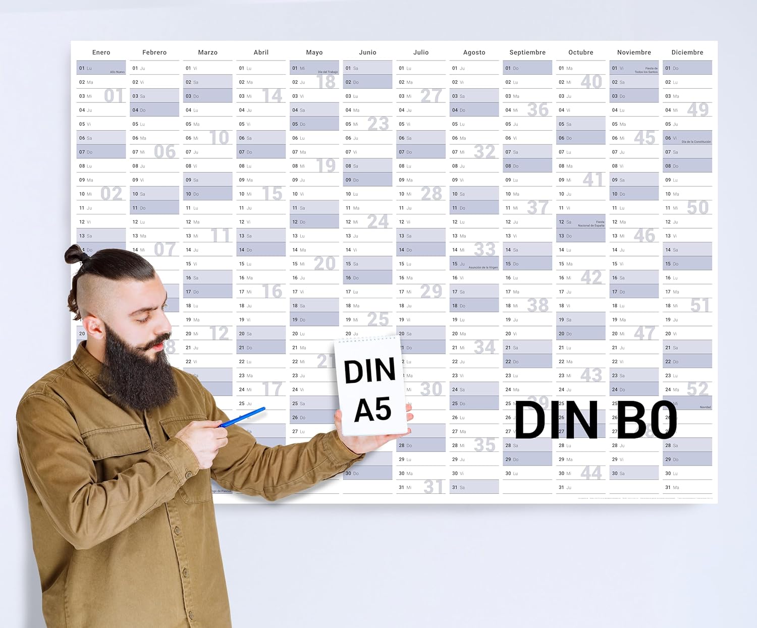 Jahreskalender 2027 B0 abwischbar gerollt mit 4er Stifte-Set & Schwamm 250 g Papier