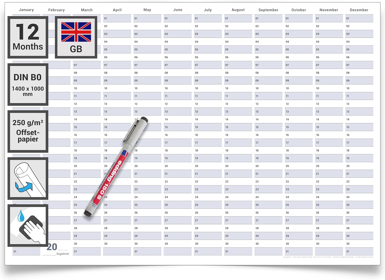 Jahreskalender 2026 B1 14 Monate gerollt 250 g Papier