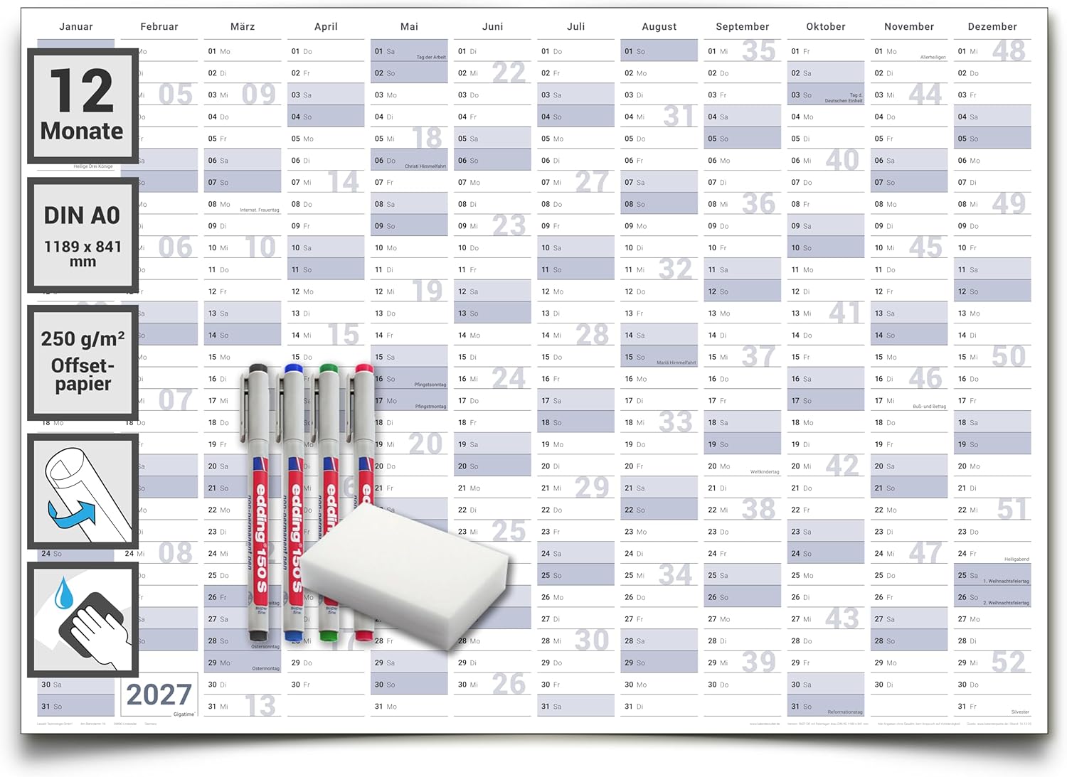 Jahreskalender 2027 A0 abwischbar gerollt mit 4er Stifte-Set & Schwamm 250 g Papier