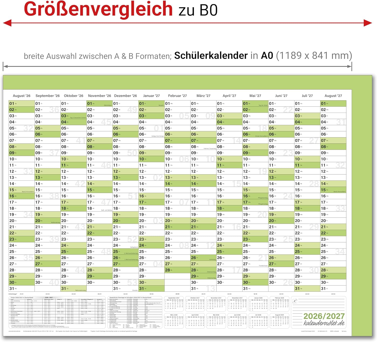 Schuljahreskalender 2026/27 A1 quer gerollt 250 g Papier