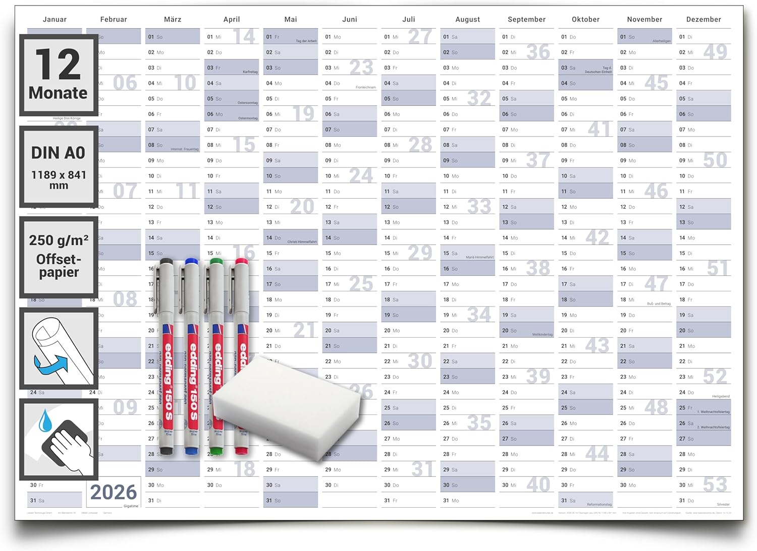 Jahreskalender 2026 A0 abwischbar gerollt mit 4er Stifte-Set & Schwamm 250 g Papier