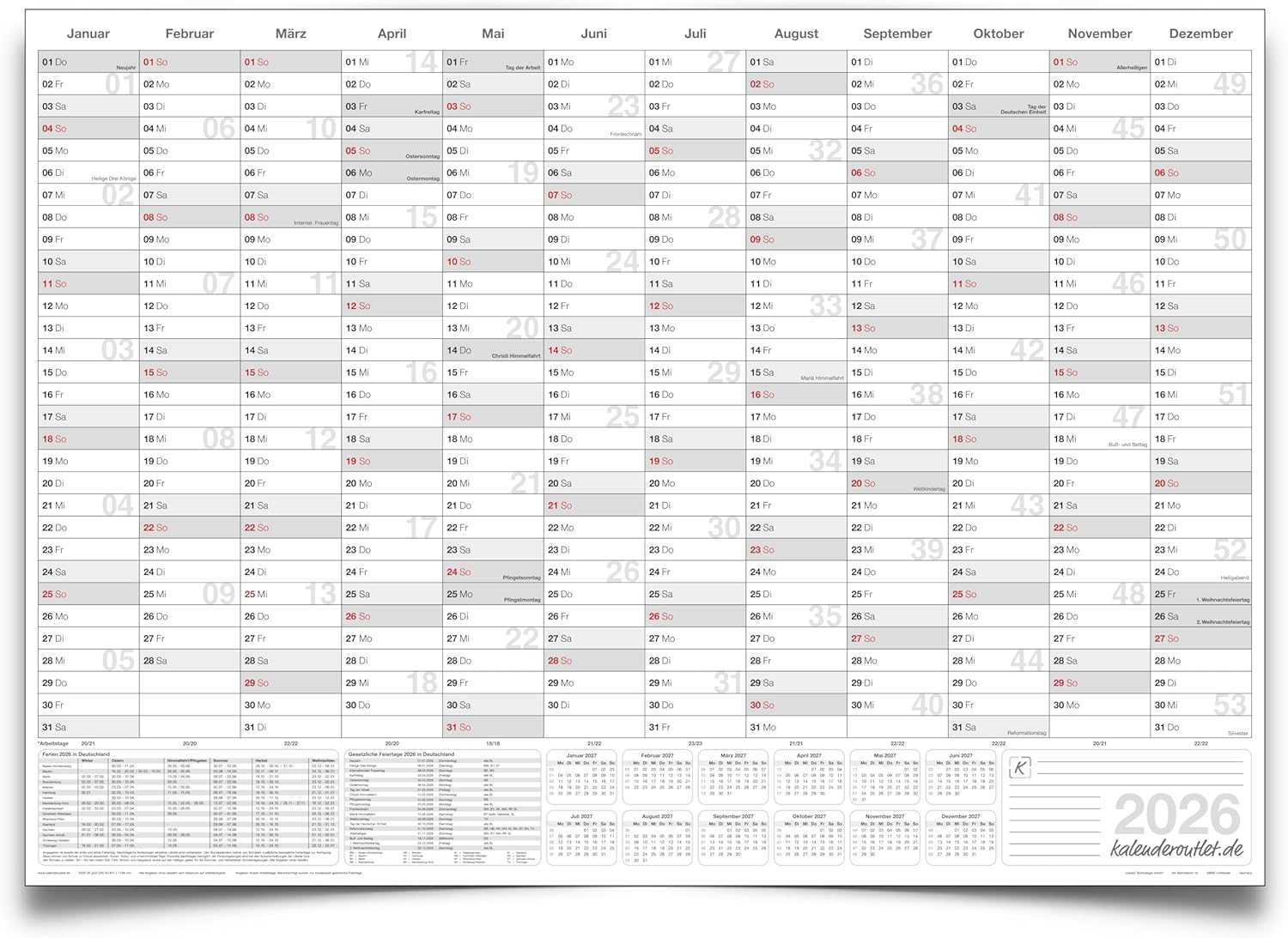 Jahreskalender 2026 A0 (2er-Pack) gefaltet 135 g Papier