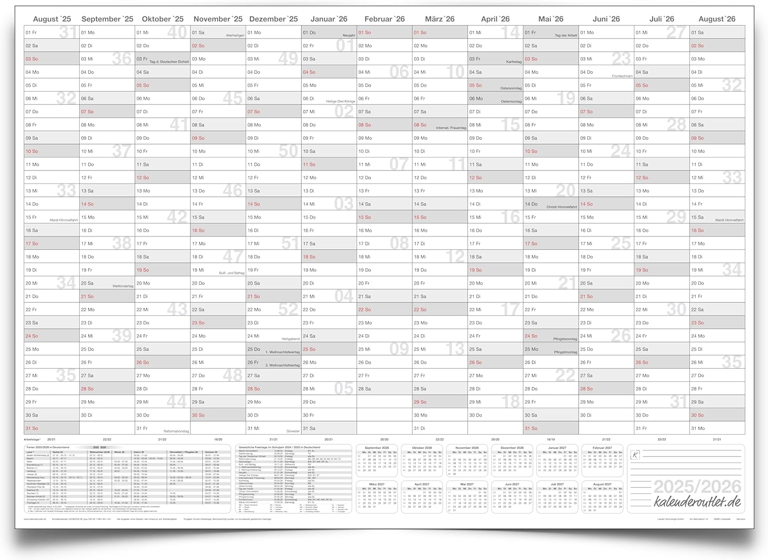 Schuljahreskalender 2025/26 A0 quer gerollt 250 g Papier