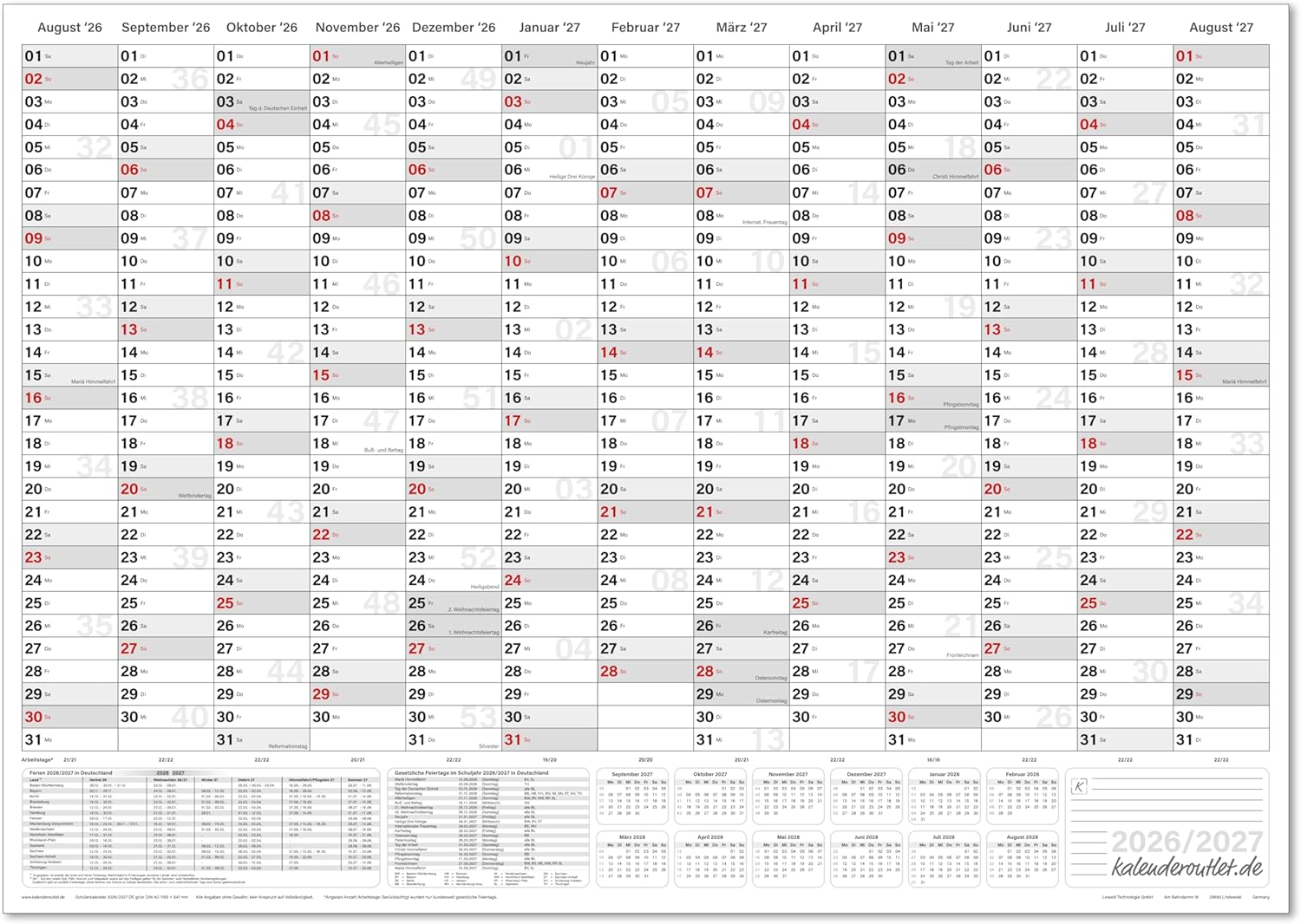 Schuljahreskalender 2026/27 A0 quer gerollt 250 g Papier