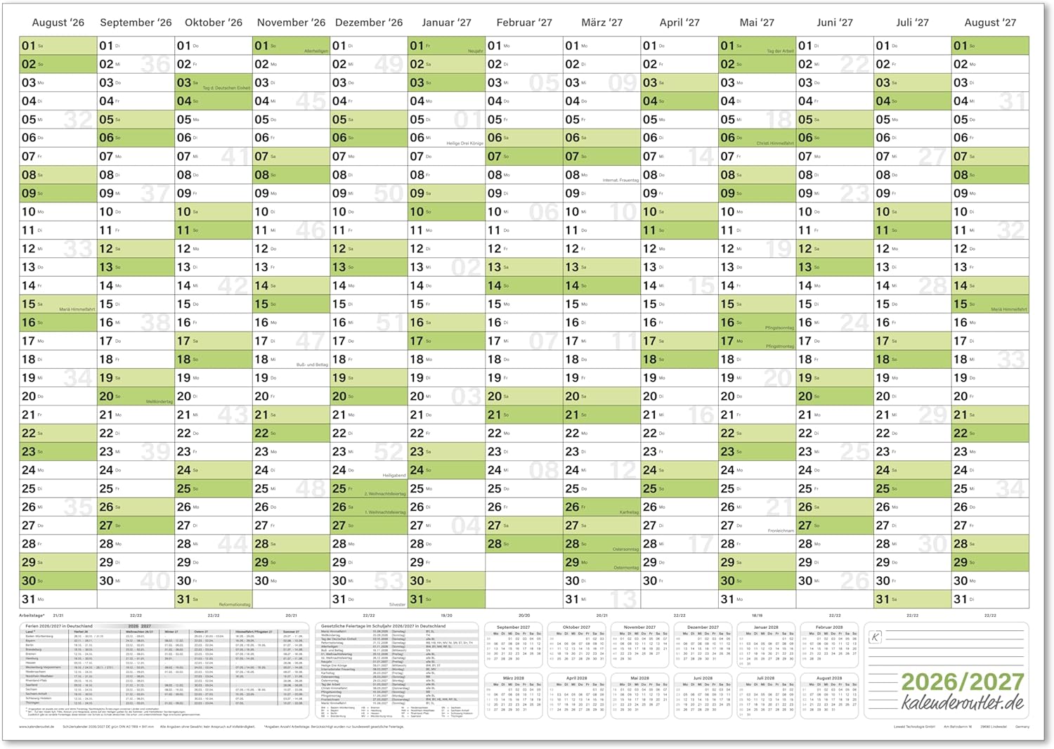 Schuljahreskalender 2026/27 A1 quer gerollt 250 g Papier