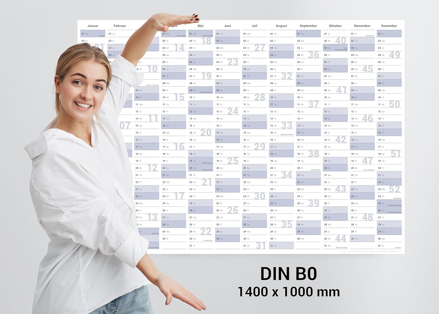 Jahreskalender 2026 B0 abwischbar gerollt mit 4er Stifte-Set & Schwamm 250 g Papier