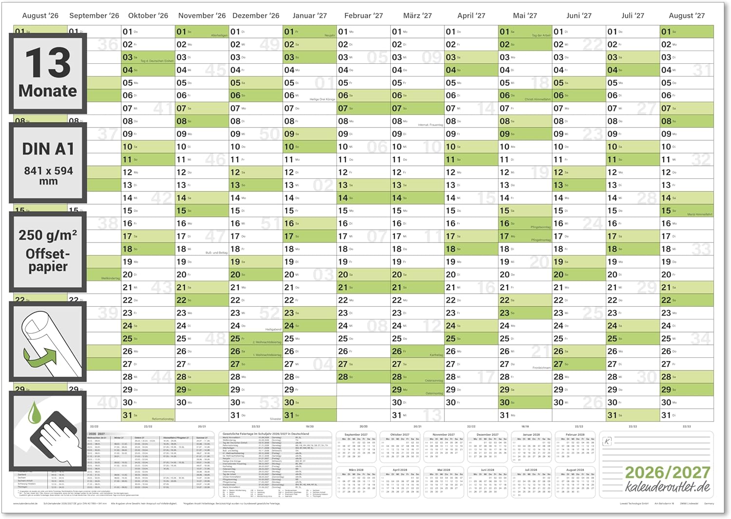 Schuljahreskalender 2026/27 A1 quer gerollt 250 g Papier