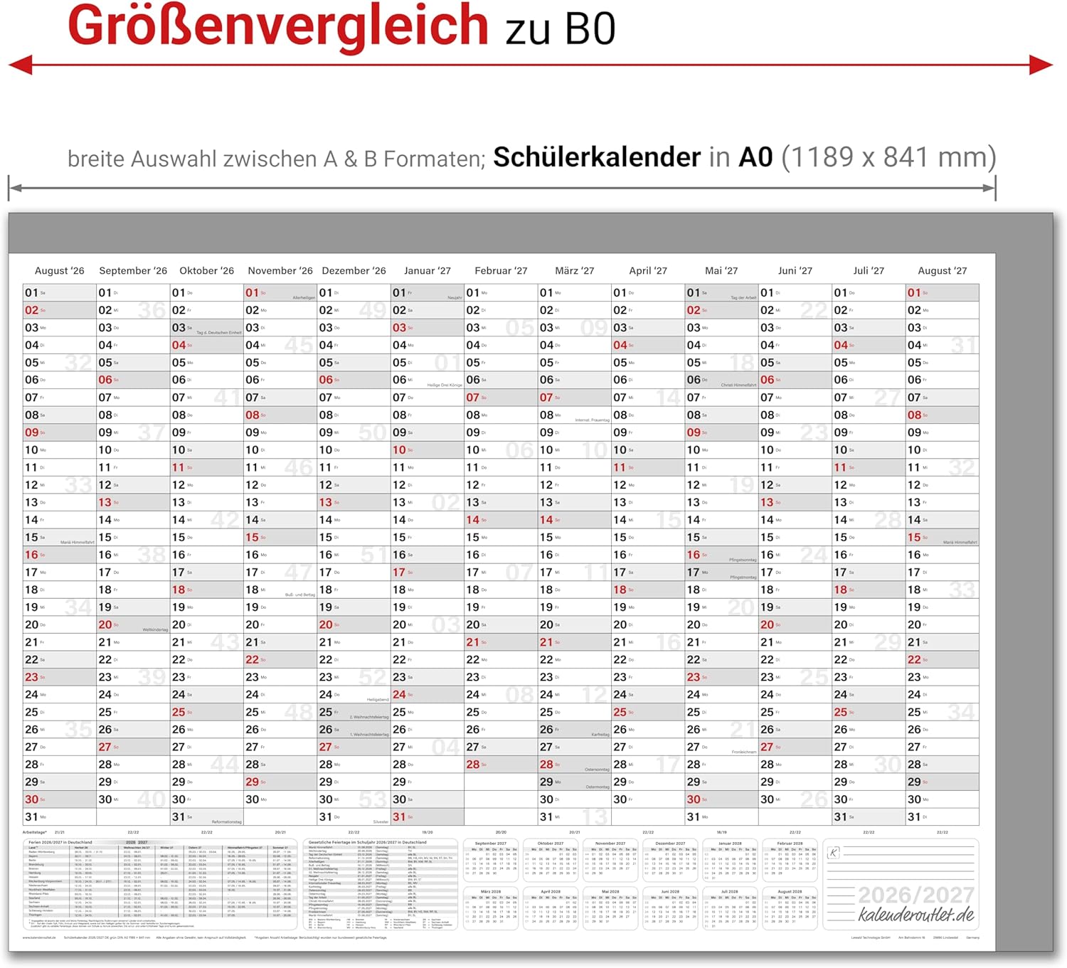 Schuljahreskalender 2026/27 A0 quer gerollt 250 g Papier