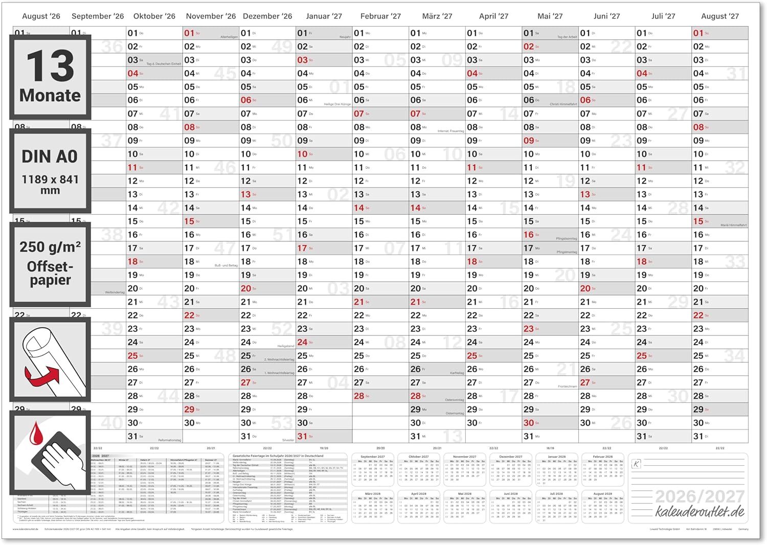 Schuljahreskalender 2026/27 A0 quer gerollt 250 g Papier