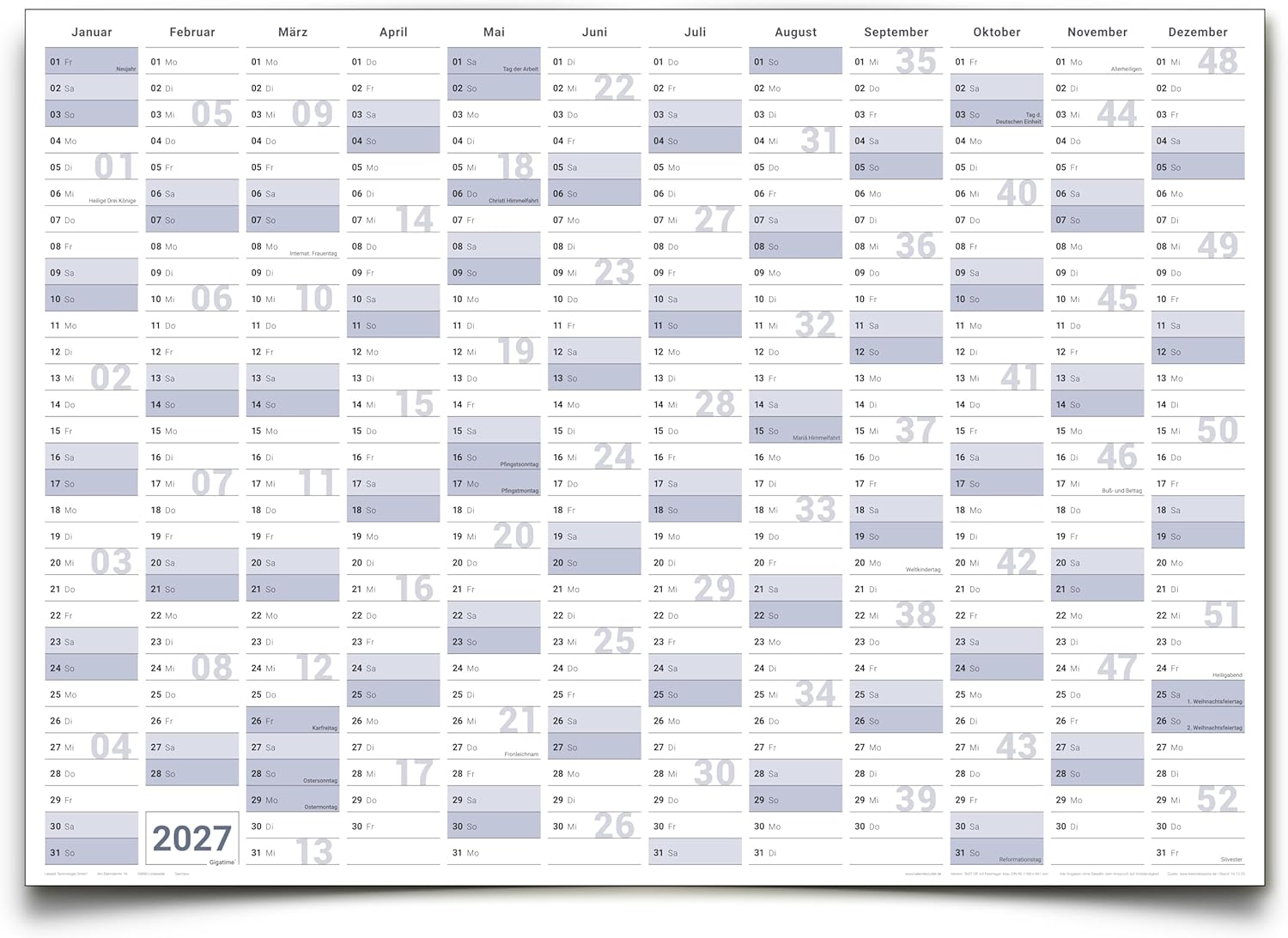 Jahreskalender 2027 B1 gefaltet 135 g Papier