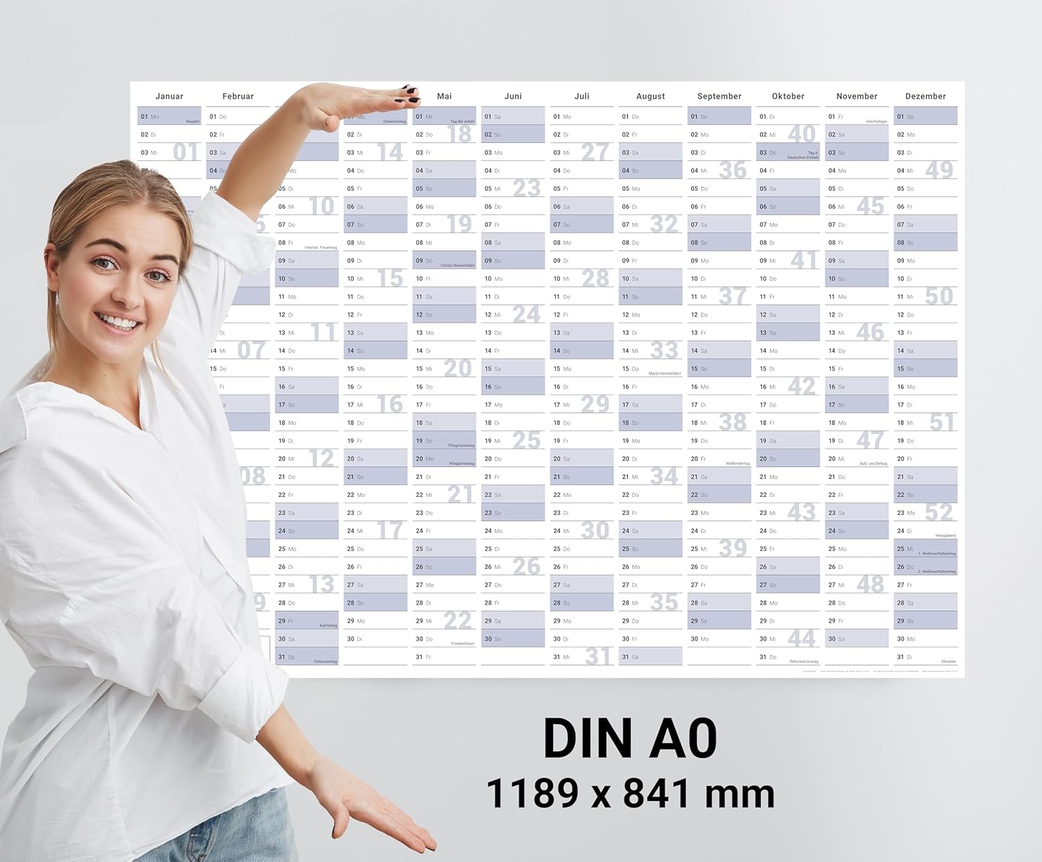 Jahreskalender 2027 A0 abwischbar gerollt mit 4er Stifte-Set & Schwamm 250 g Papier