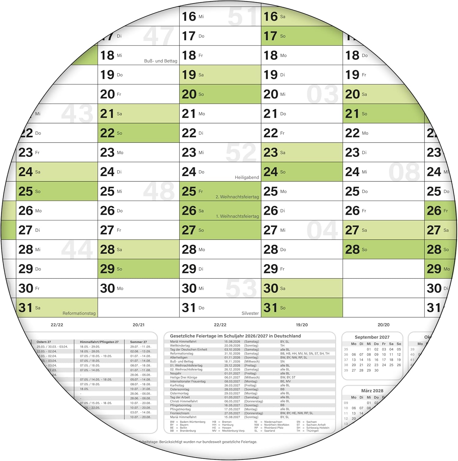 Schuljahreskalender 2026/27 A1 quer gerollt 250 g Papier