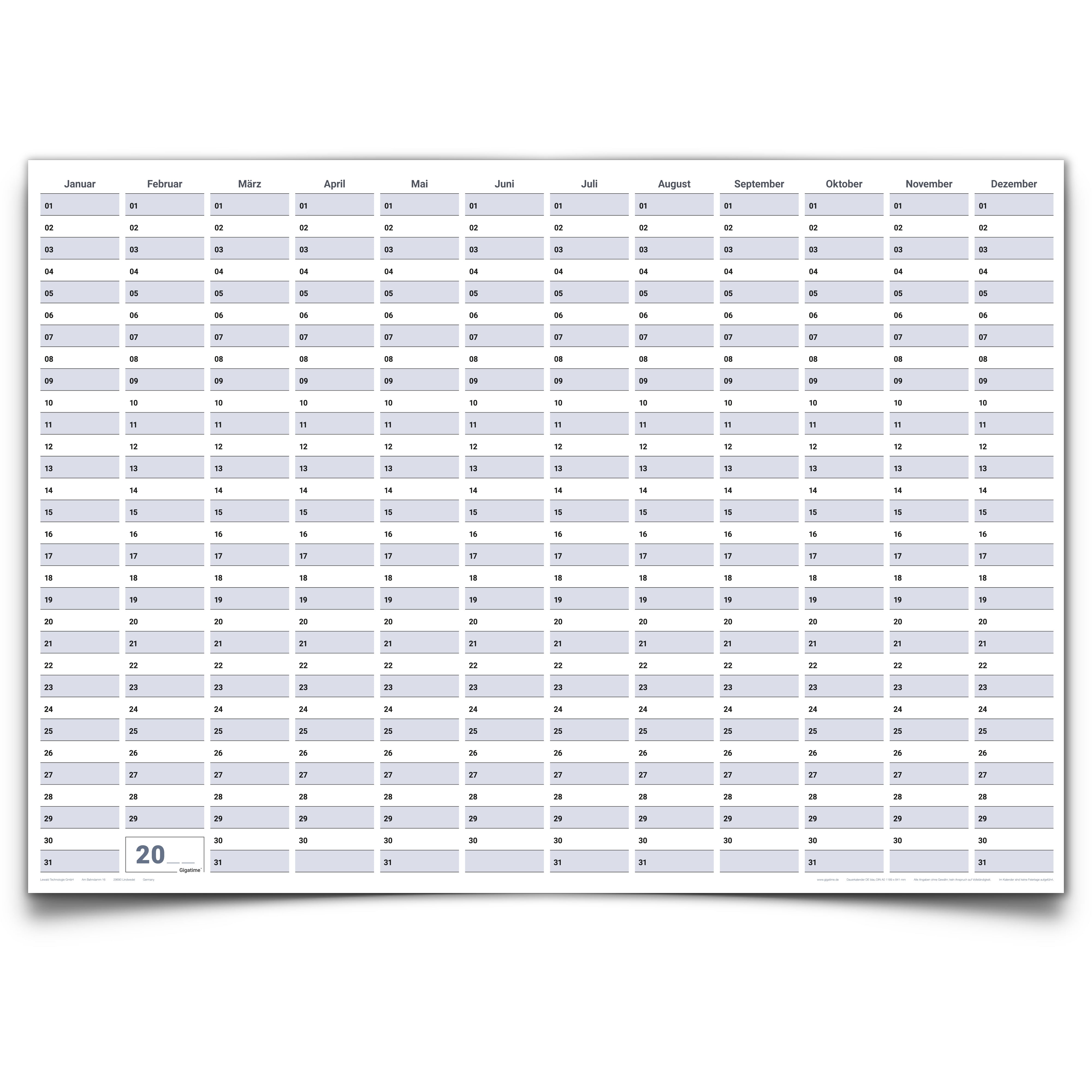 Dauerkalender DIN A0 XXL abwischbarer Wandkalender gerollt mit Marker 250 g Papier