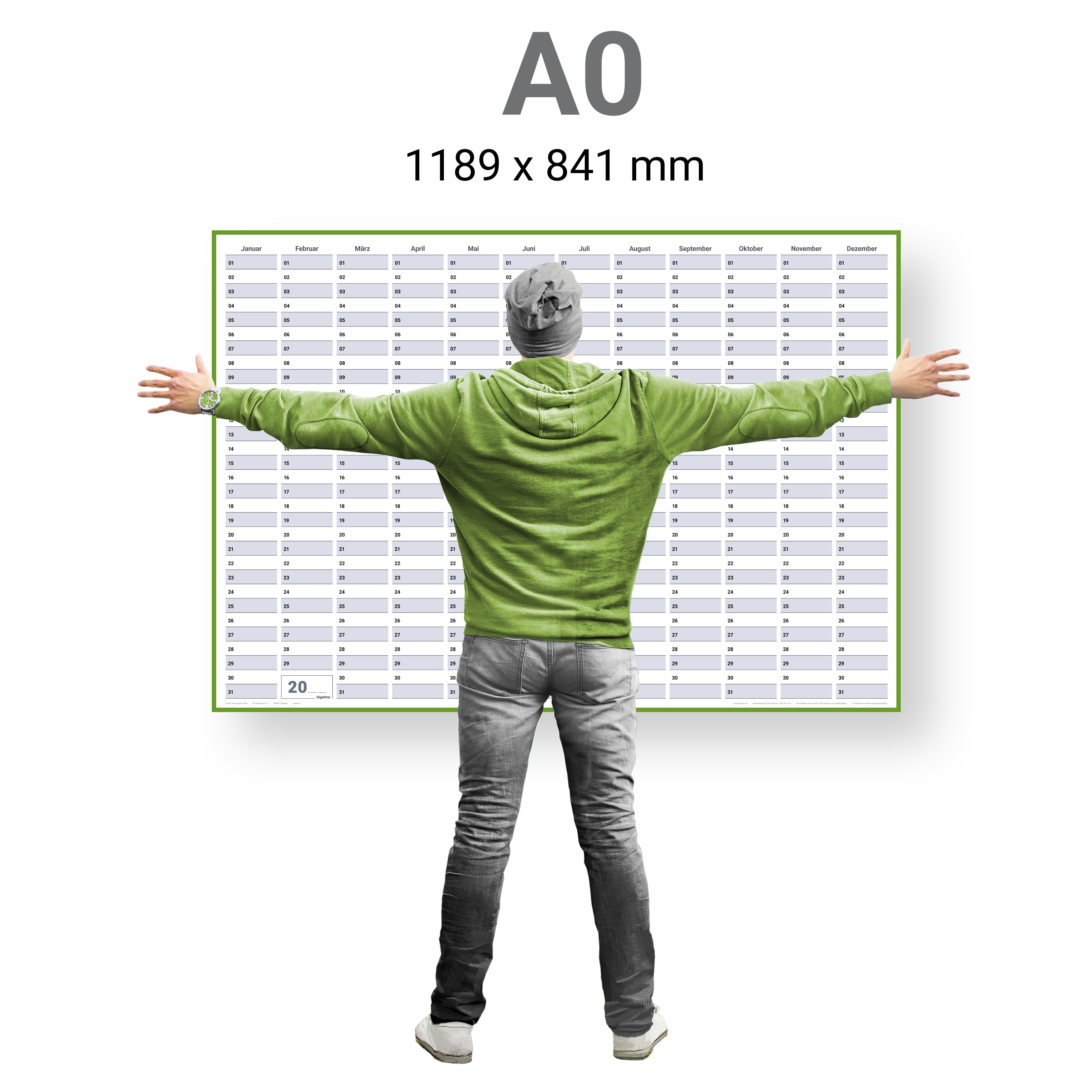 Dauerkalender DIN A0 XXL abwischbarer Wandkalender gerollt mit Marker 250 g Papier