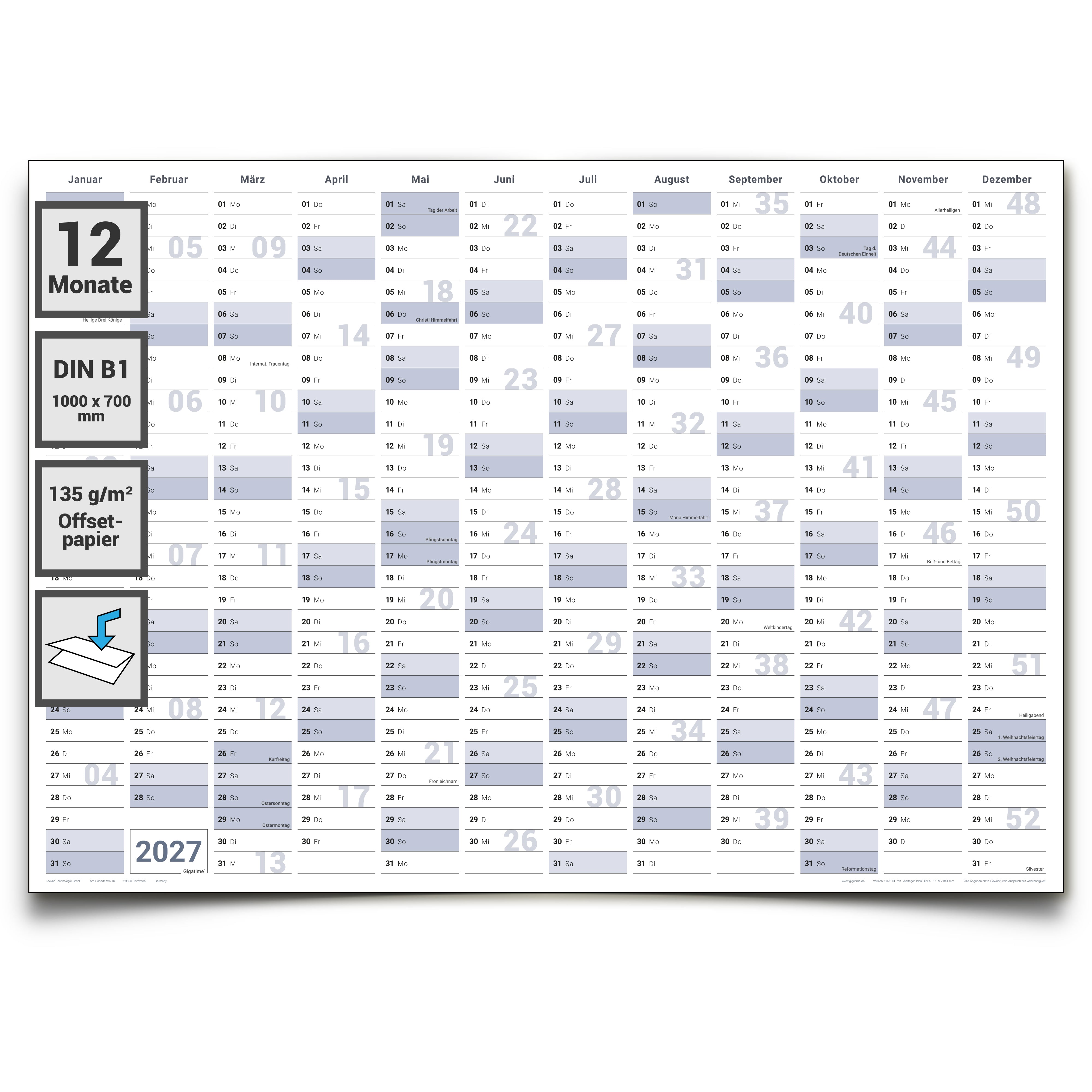 Jahreskalender 2027 B1 gefaltet 135 g Papier