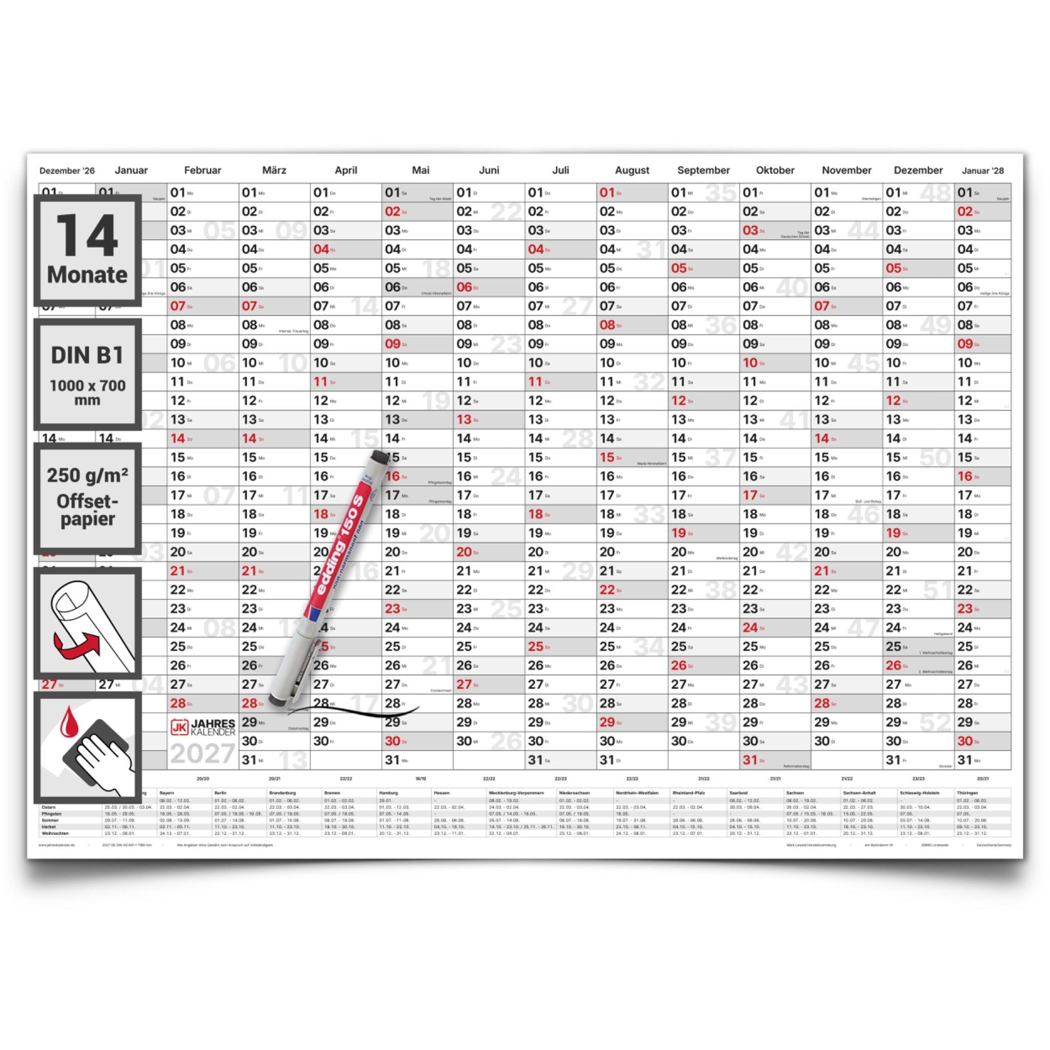 Jahreskalender 2027 B1 14 Monate abwischbar