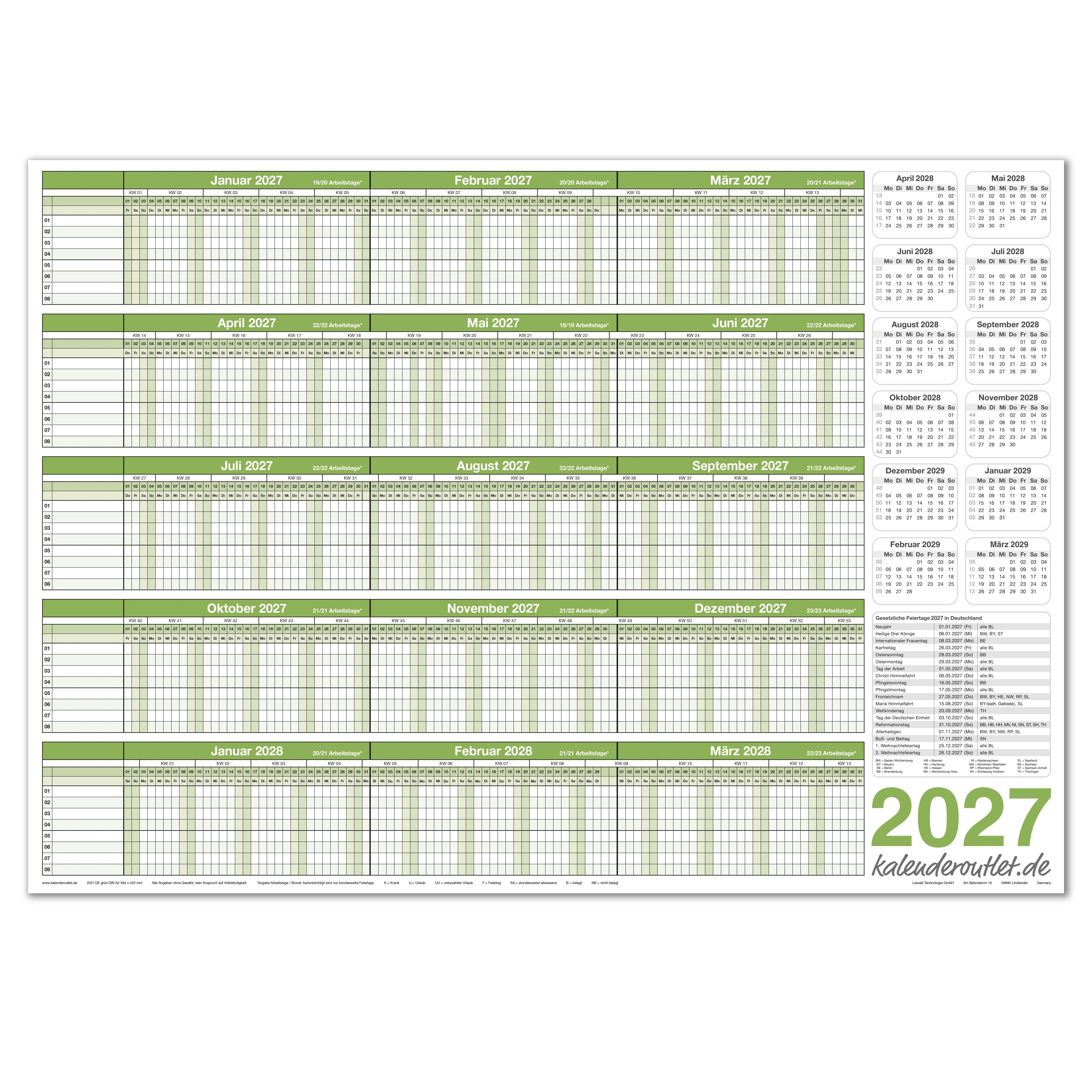 Urlaubsplaner 2027/28 A2 abwischbar mit Marker für 8 Mitarbeiter
