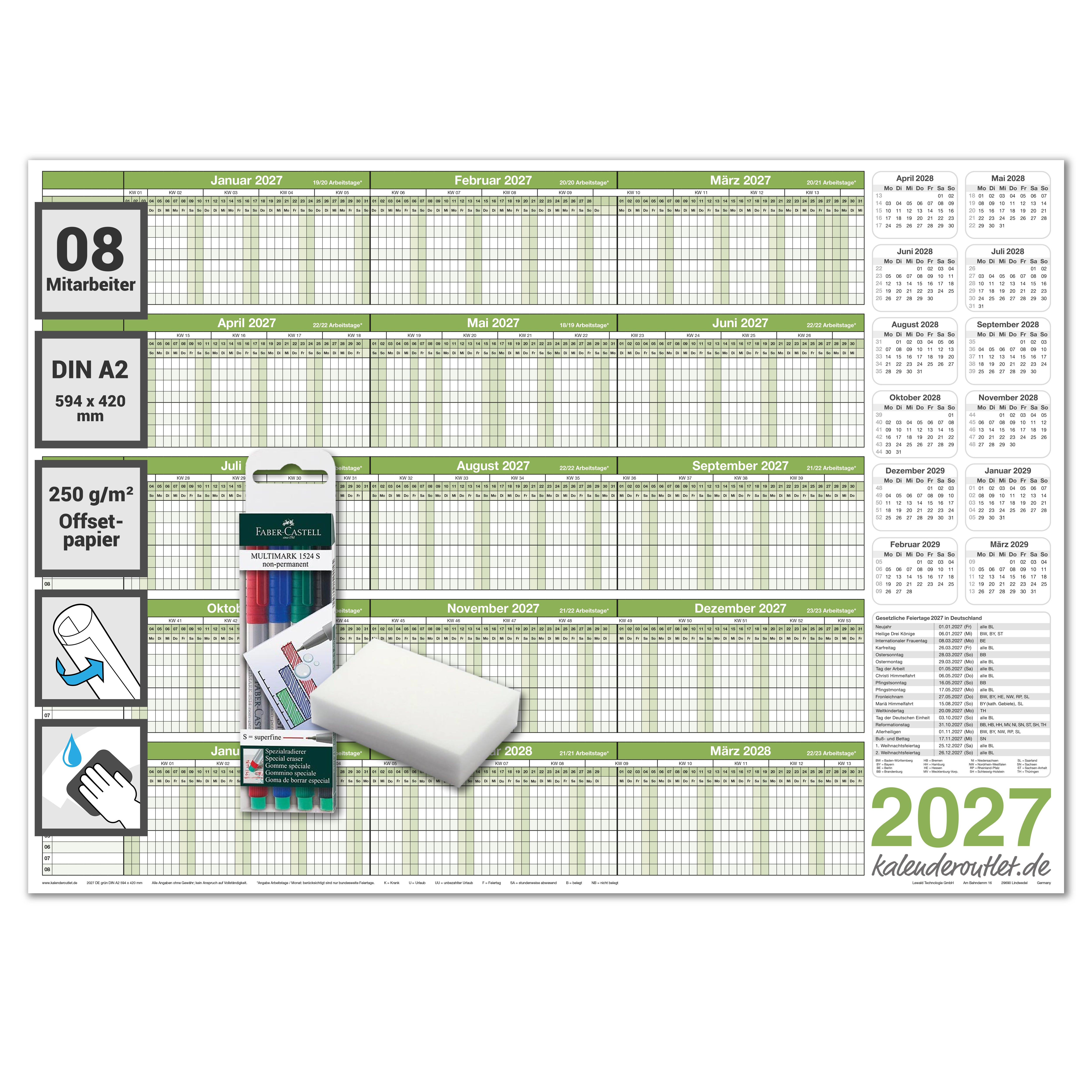 Urlaubsplaner 2027/28 A2 abwischbar mit 4er Marker-Set für 8 Mitarbeiter