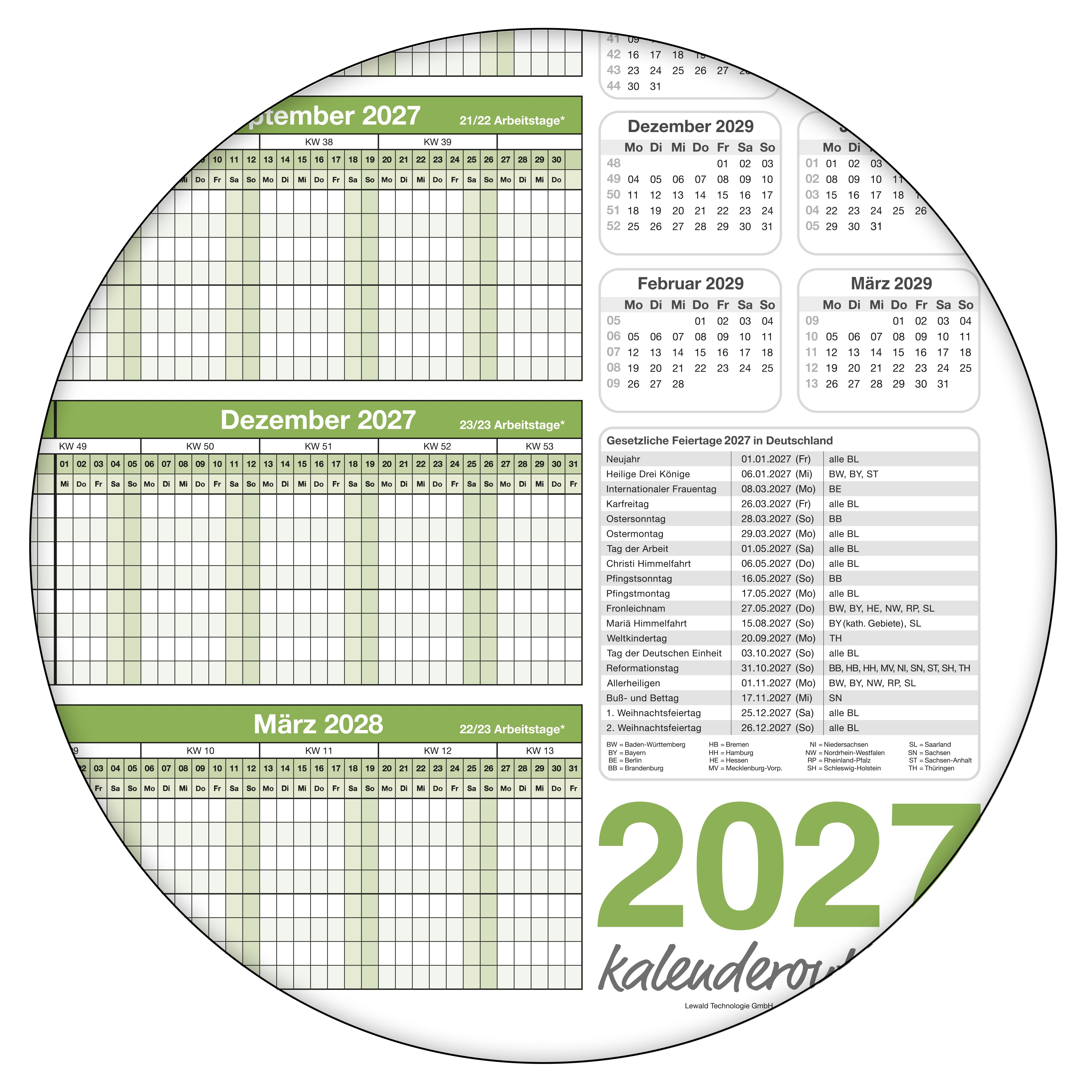 Urlaubsplaner 2027/28 A2 abwischbar mit Marker für 8 Mitarbeiter