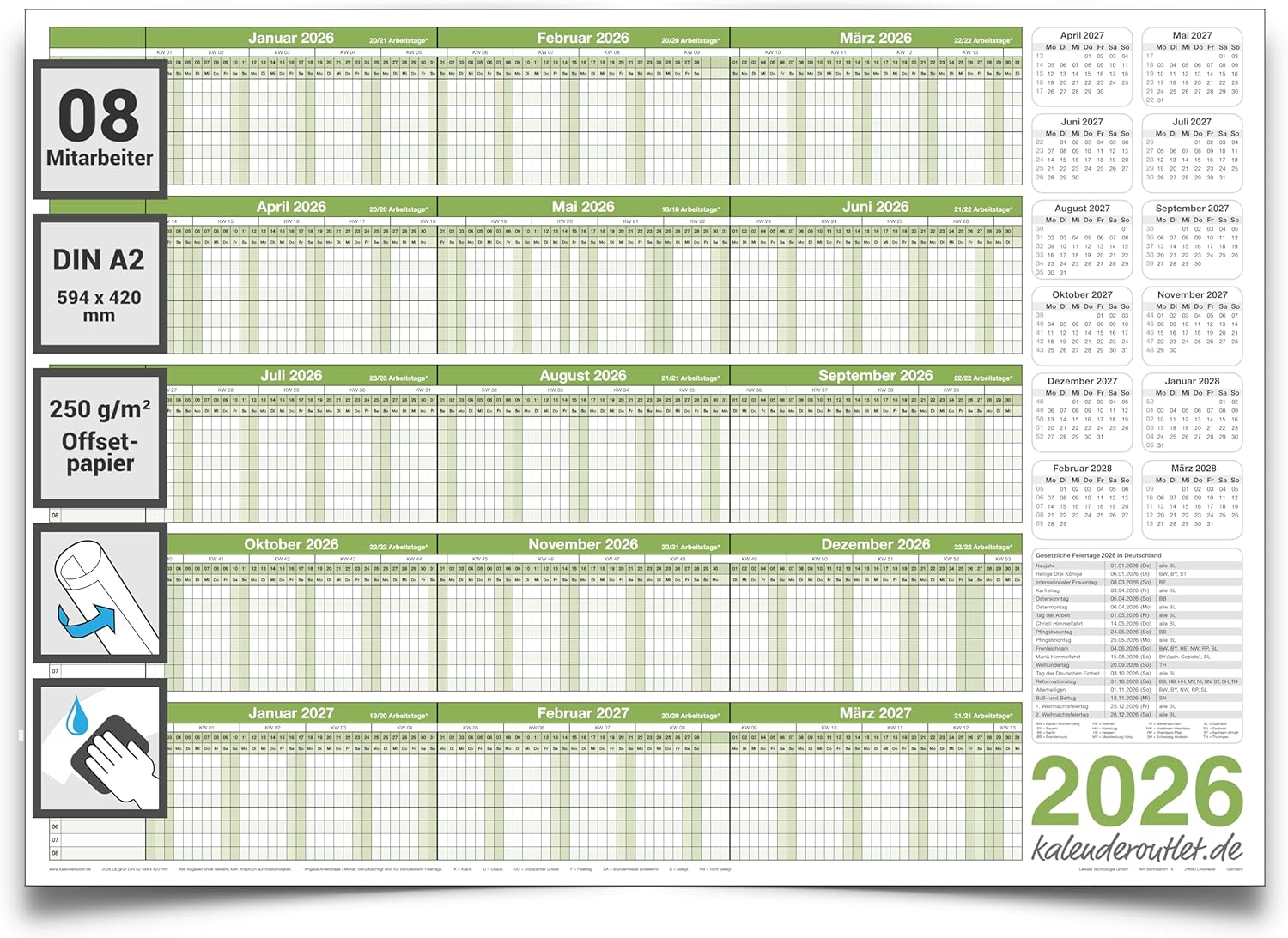Personalplaner 2026 A2 abwischbar gerollt