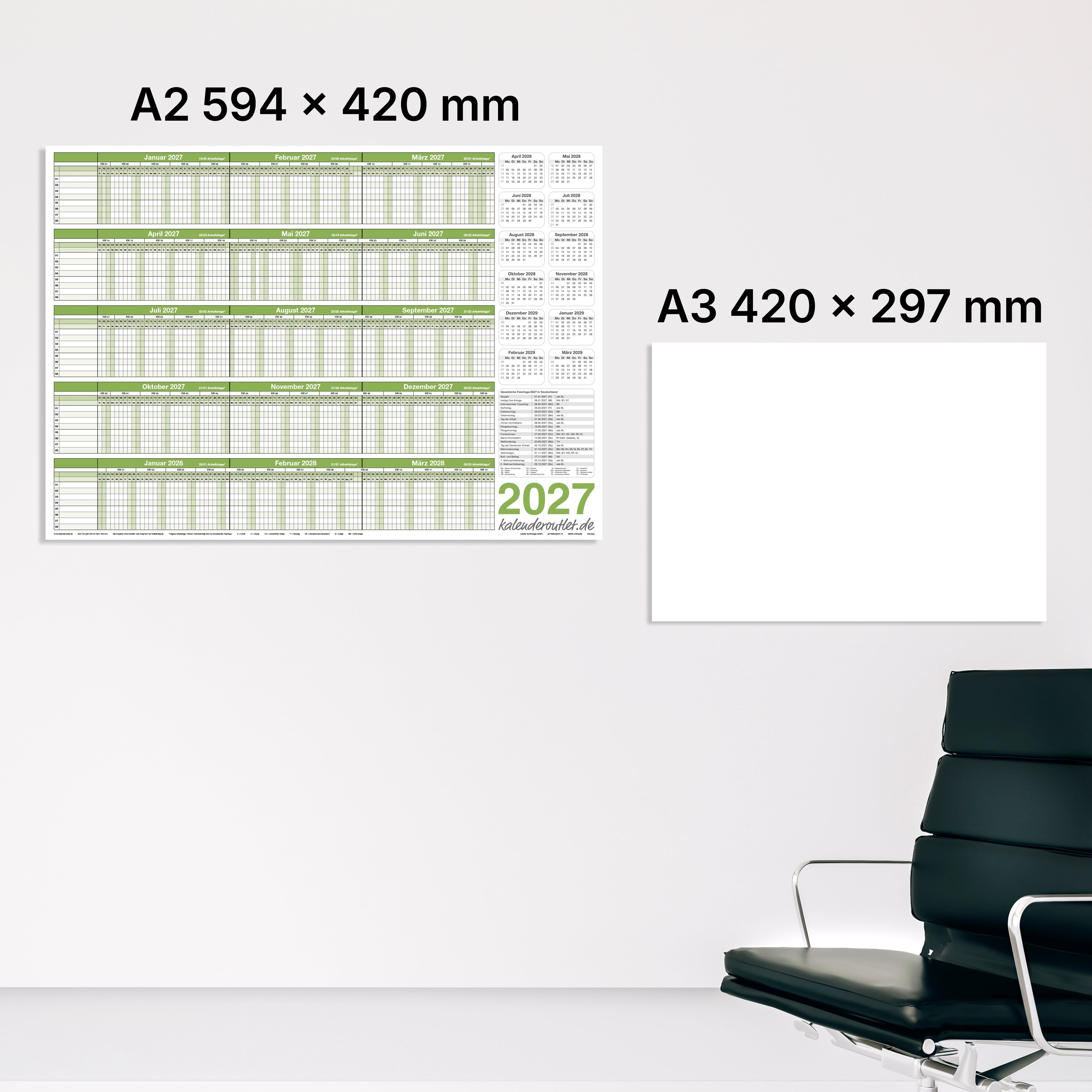 Urlaubsplaner 2027/28 A2 abwischbar mit Marker für 8 Mitarbeiter