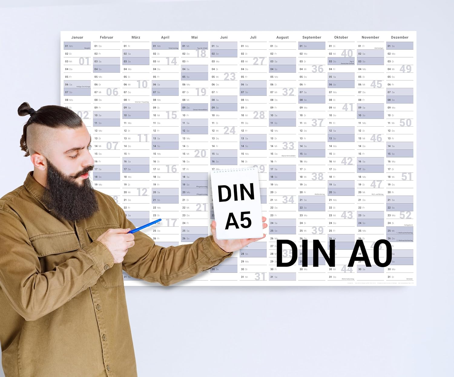 Wandkalender 2026 A0 841 x 1189 mm blau grau Jahreskalender mit 4er Stifte Set und Schwamm