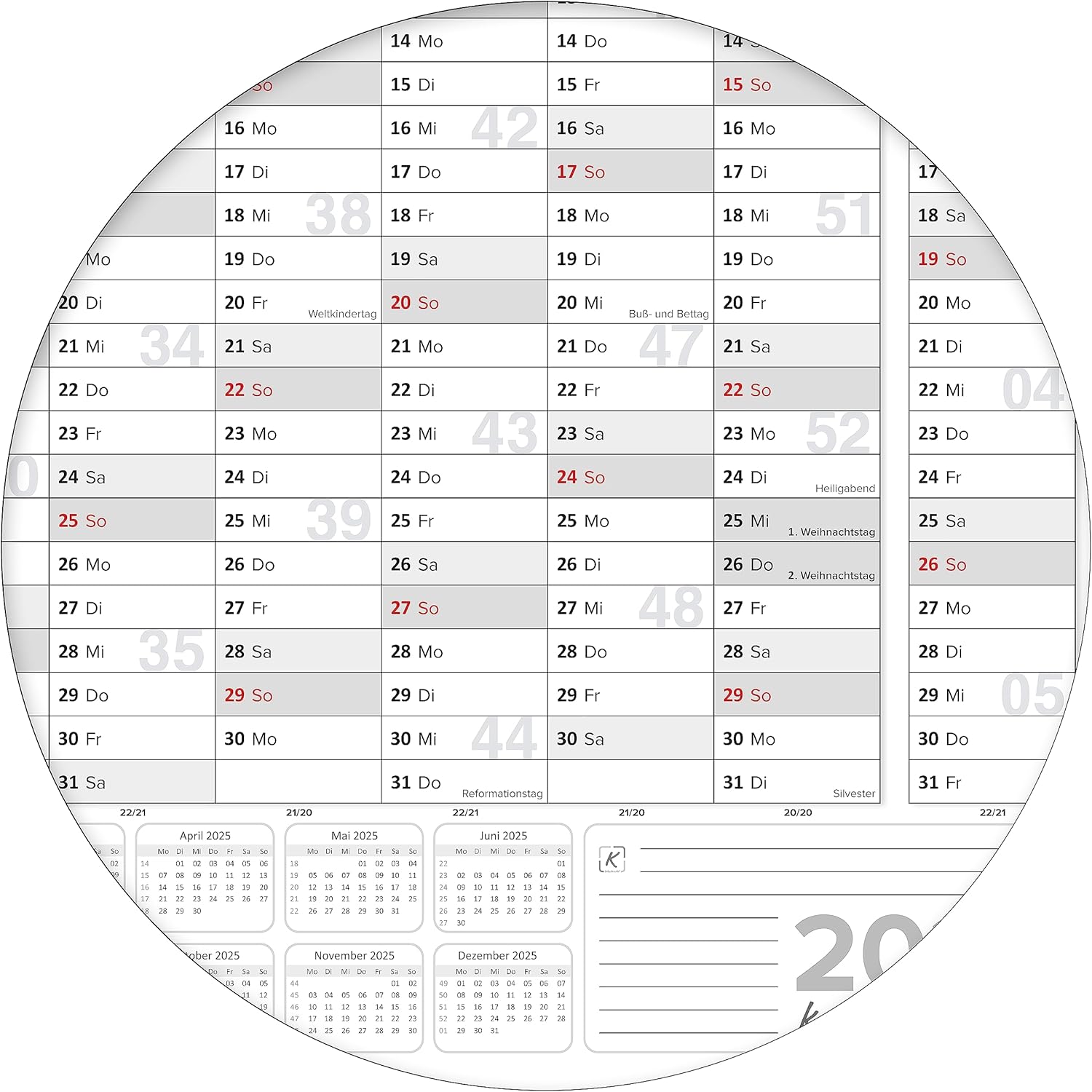 Wandkalender 2026 A0 841 x 1189 mm grau Jahreskalender 250 g Papier
