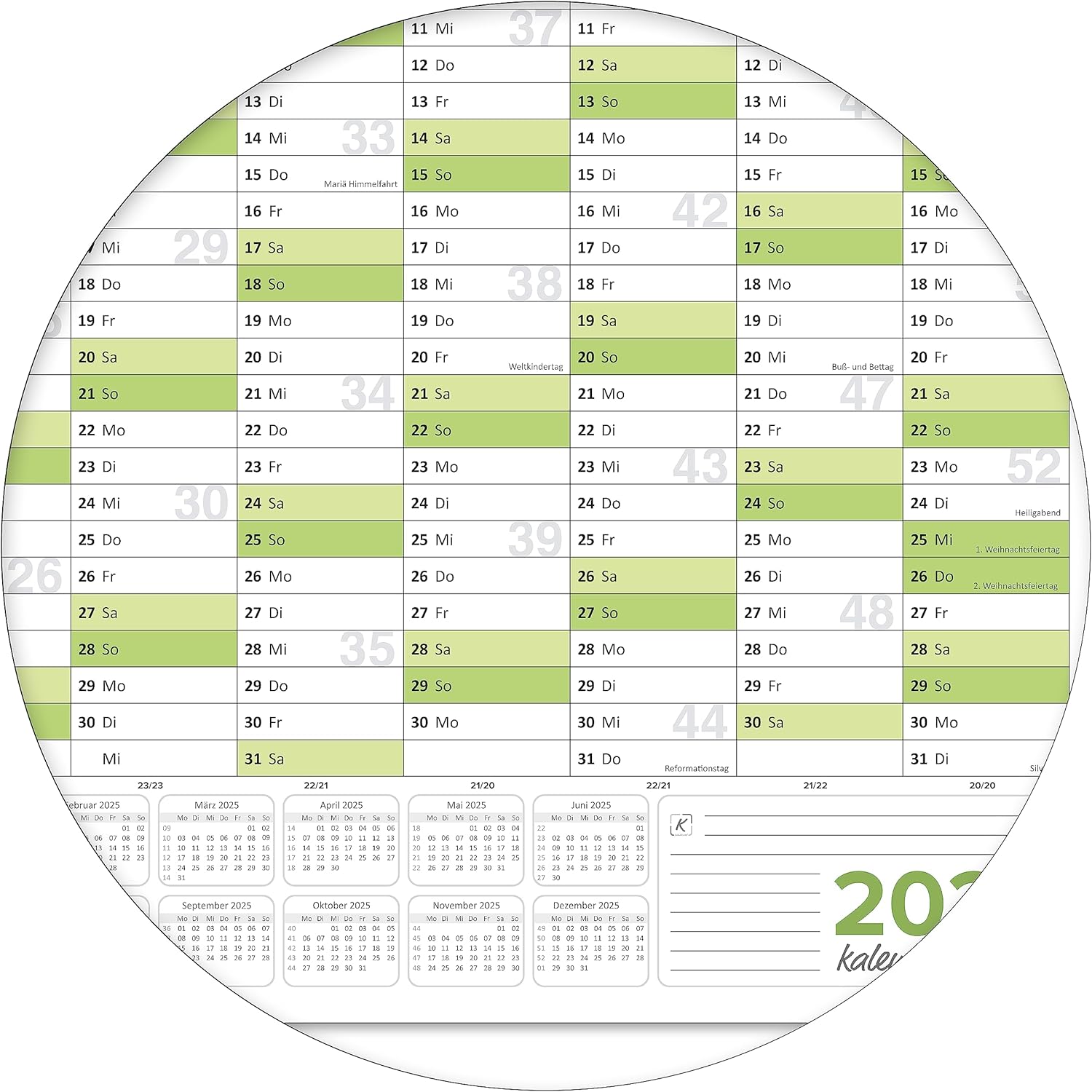 Wandkalender 2026 A1 594 x 841 mm grün Jahreskalender für Büroplanung