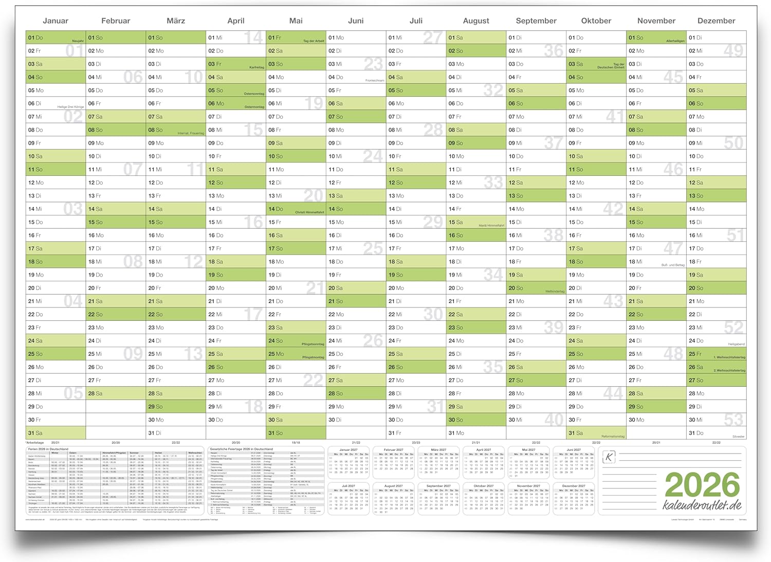 Wandkalender 2026 A1 594 x 841 mm grün gerollt mit 4er Stifte Set Zubehör