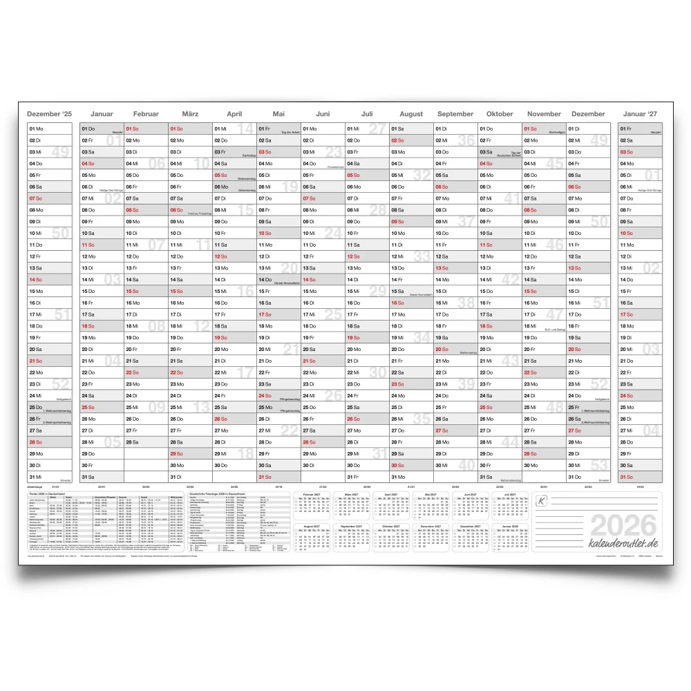 Wandkalender 2026 A1 quer 841 x 594 mm grau Jahreskalender 14 Monate