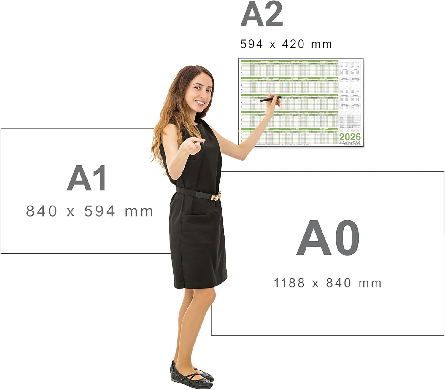 Wandkalender 2026 A2 420 x 594 mm grün abwischbar für Büro
