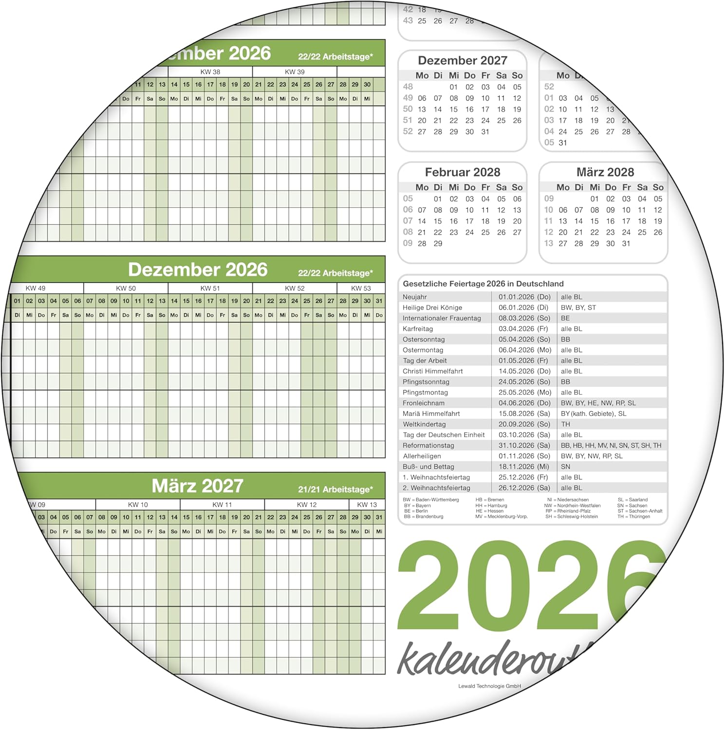 Wandkalender 2026 A2 420 x 594 mm grün für Büro