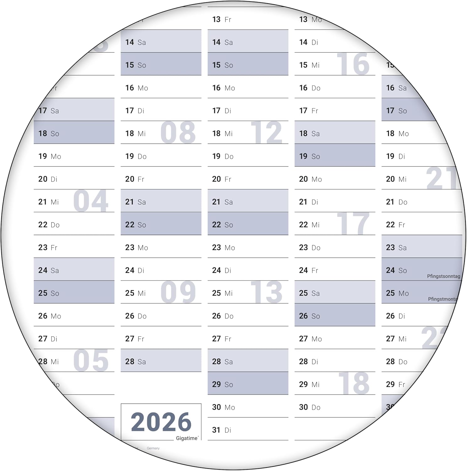 Wandkalender 2026 B0 1000 x 1414 mm blau grau Jahreskalender 250 g Papier