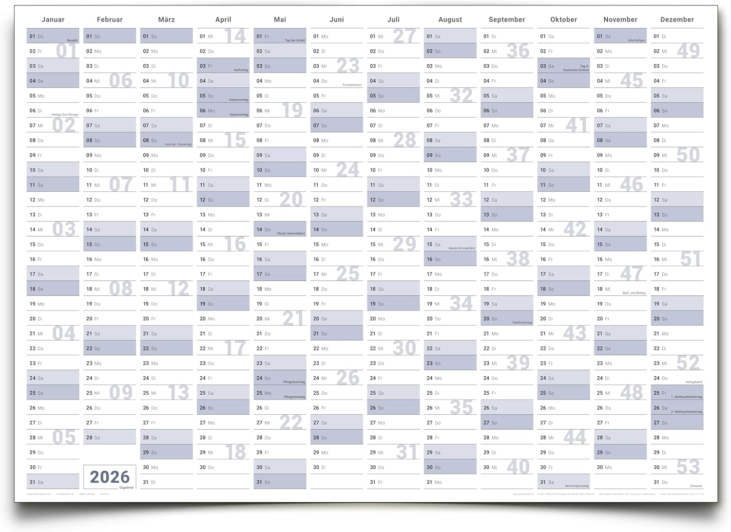 Wandkalender 2026 B0 1000 x 1414 mm blau grau Jahreskalender gerollt