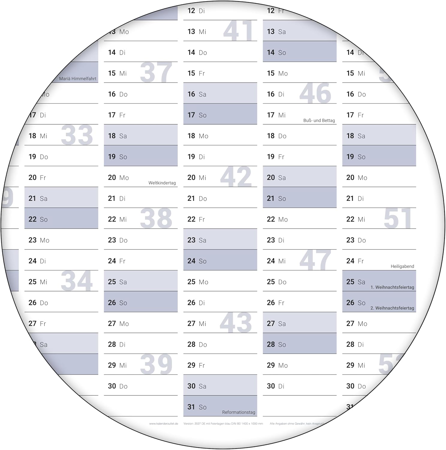 Wandkalender 2026 B0 1000 x 1414 mm blau grau abwischbar 250 g Papier