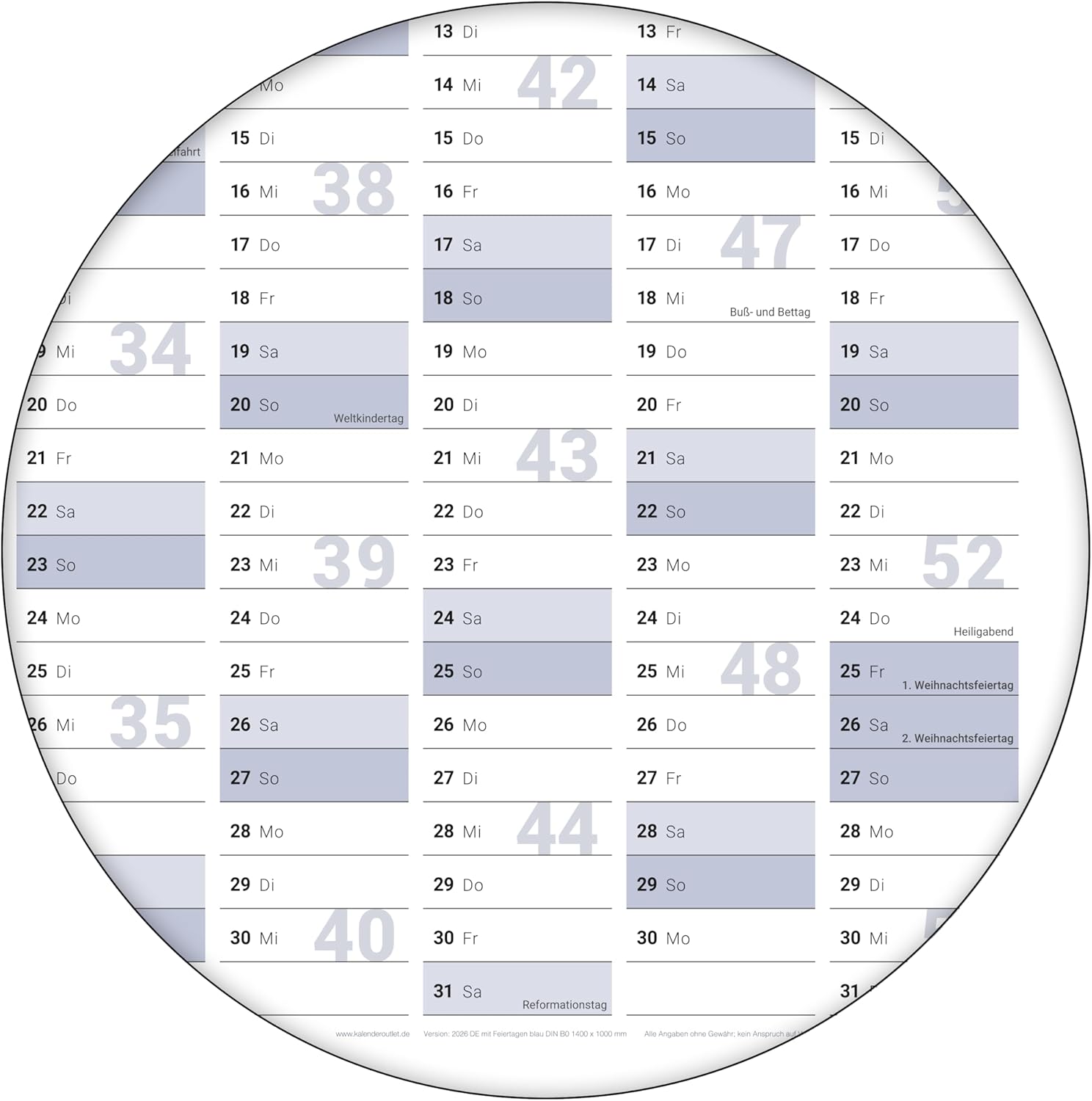 Wandkalender 2026 B0 1000 x 1414 mm blau grau abwischbar für Büro