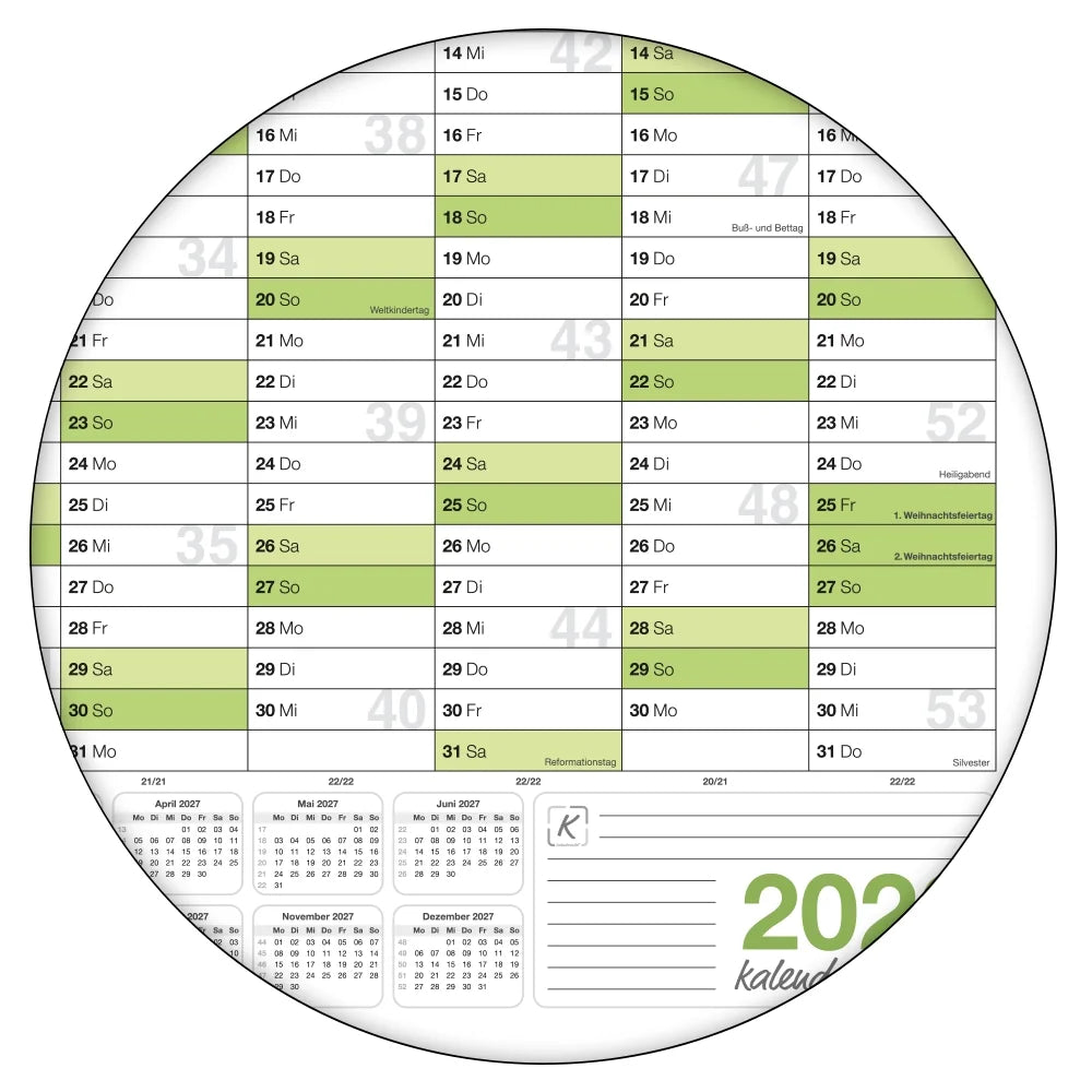 Wandkalender 2026 B0 1000 x 1414 mm grün 250 g Papier Büroplanung