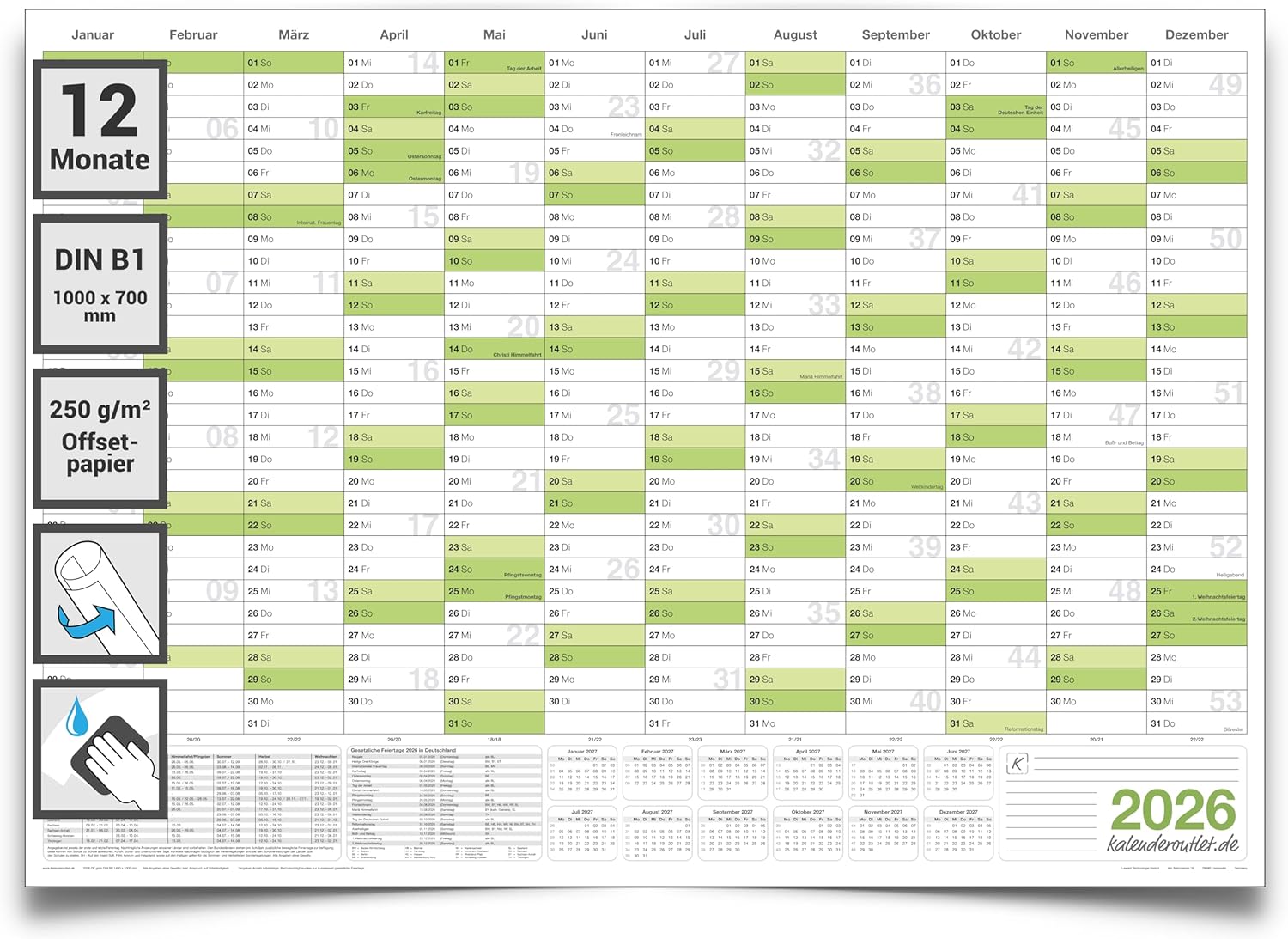 Wandkalender 2026 B1 700 x 1000 mm grün abwischbar Jahreskalender Planung