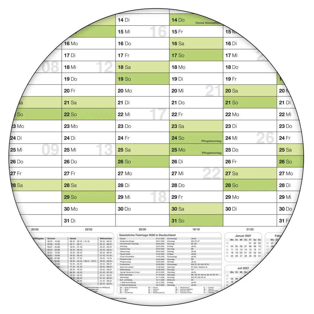 Wandkalender 2026 B0 1000 x 1414 mm grün abwischbar Terminplanung