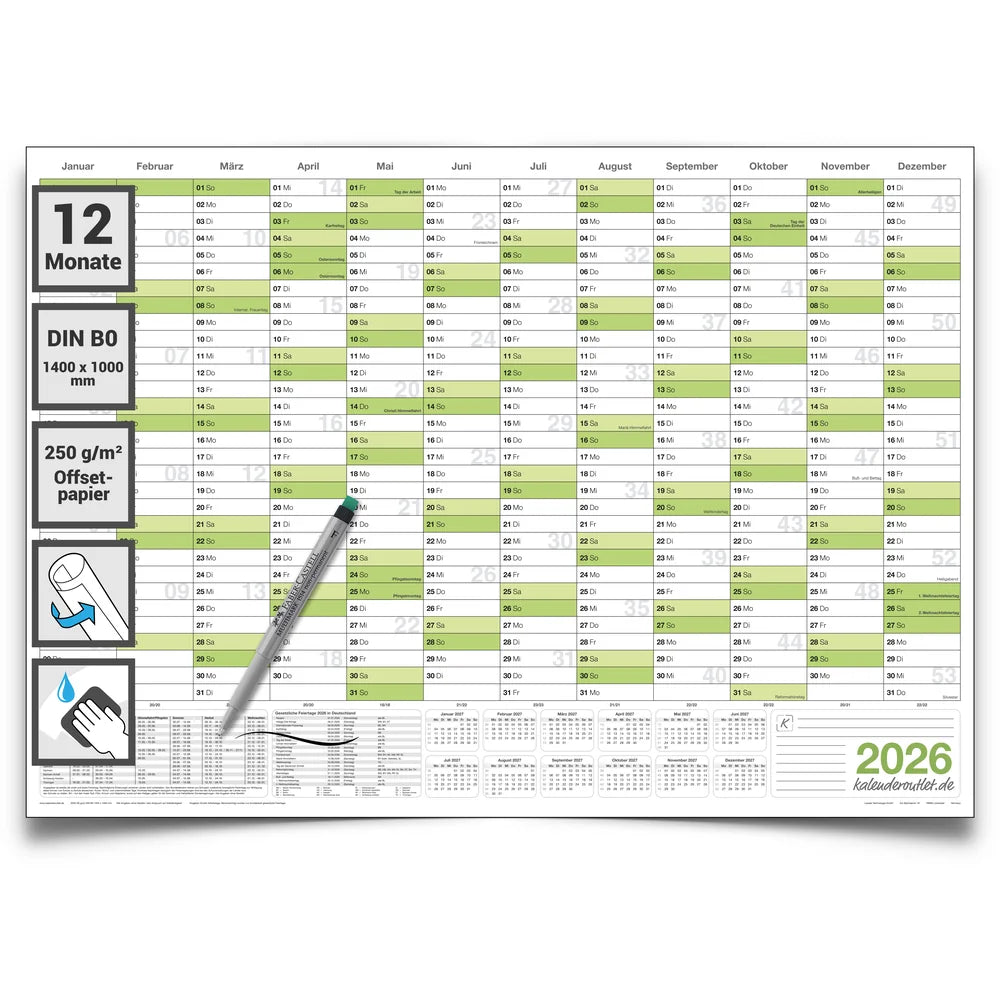 Wandkalender 2026 B0 1000 x 1414 mm grün deutsch abwischbar Jahreskalender