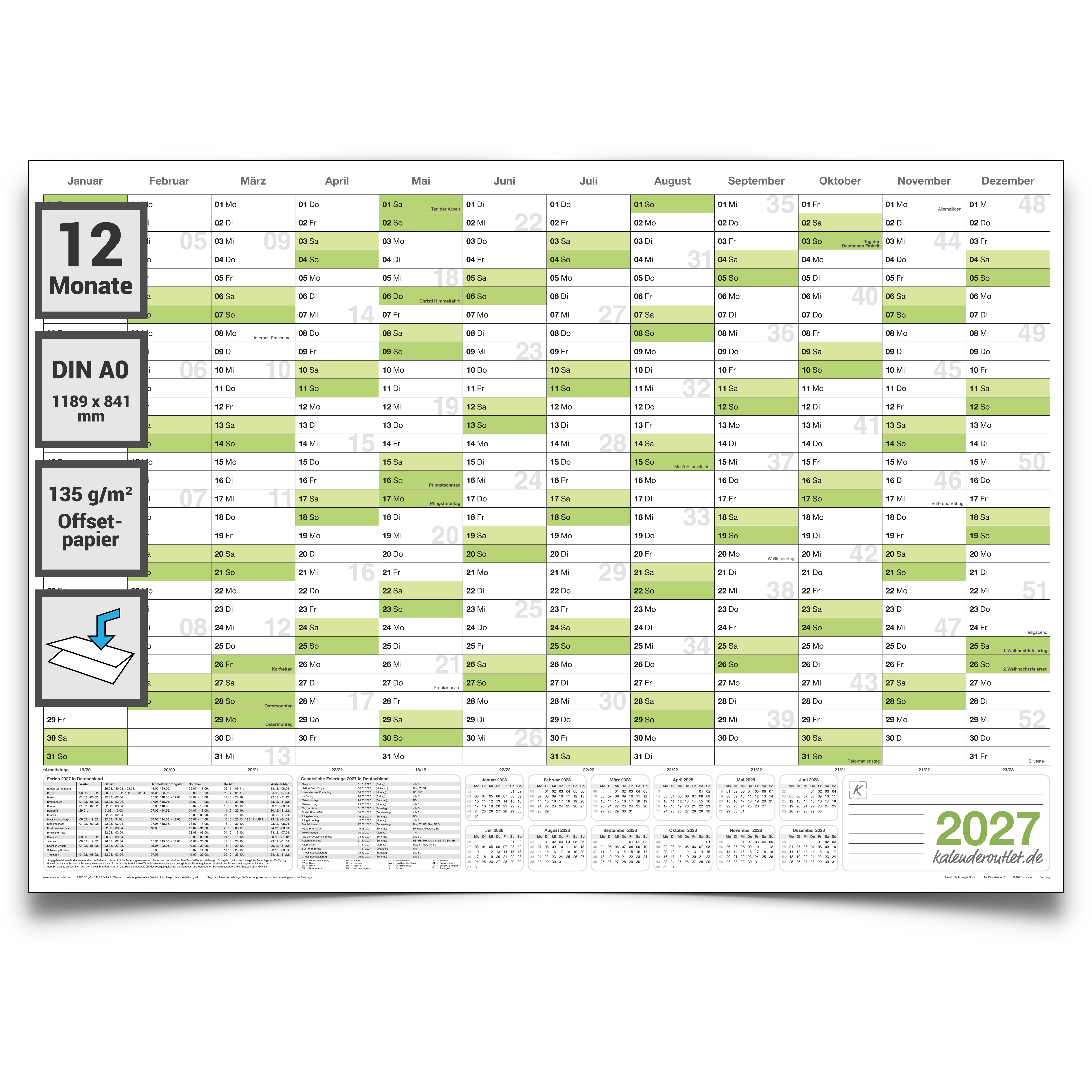 Wandkalender 2027 A0 quer 1189 x 841 mm grün Jahreskalender