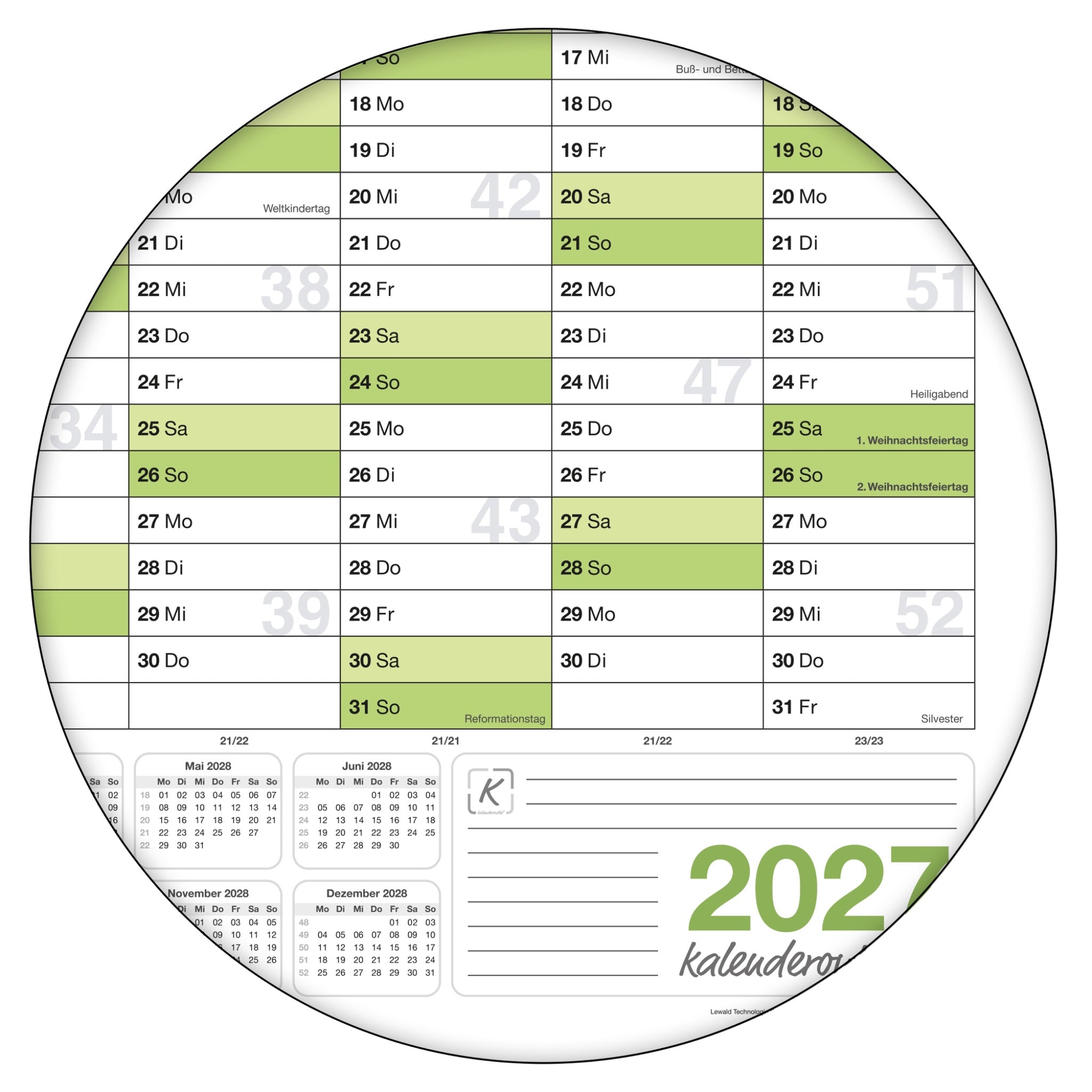 Wandkalender 2027 A3 297 x 420 mm grün 250 g Papier Teamplanung