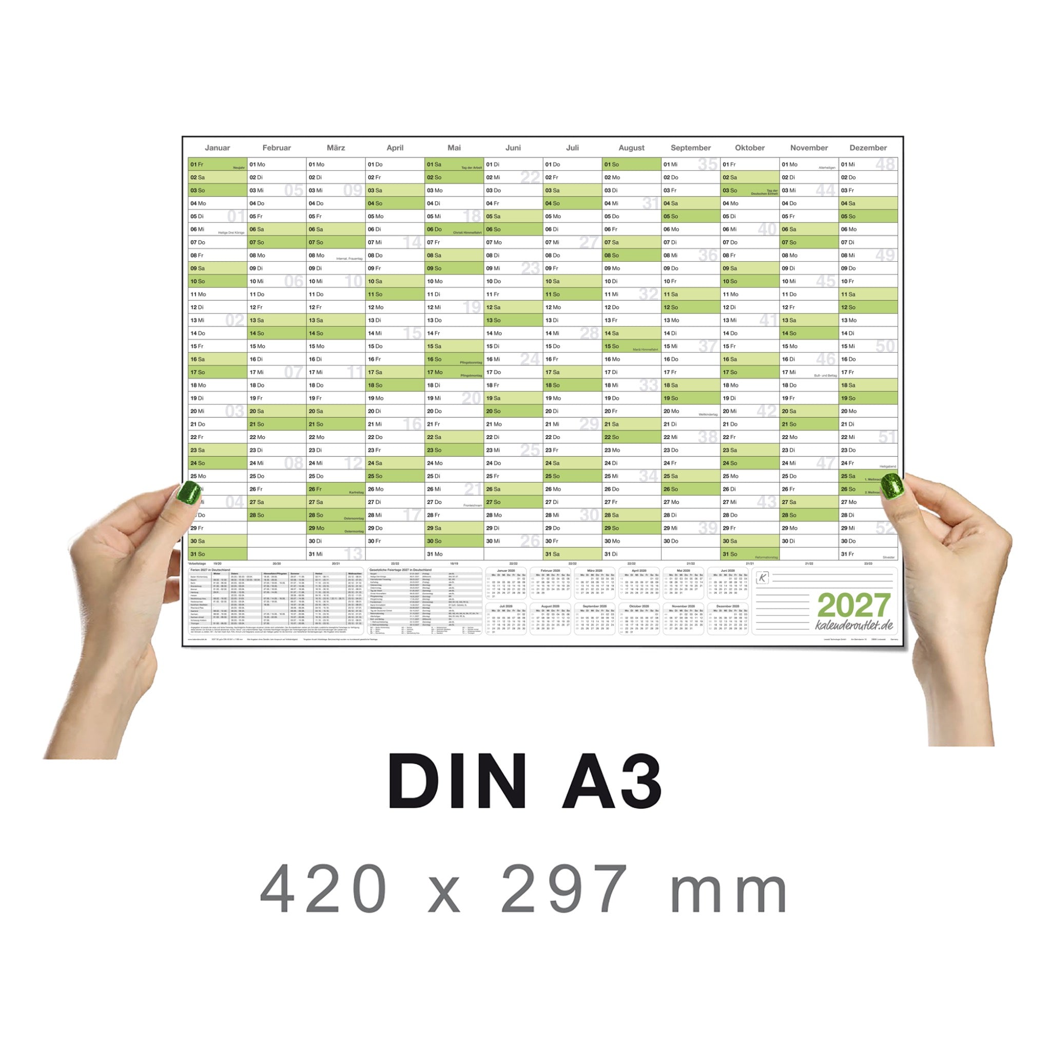 Wandkalender 2027 A3 297 x 420 mm grün abwischbar für Terminplanung