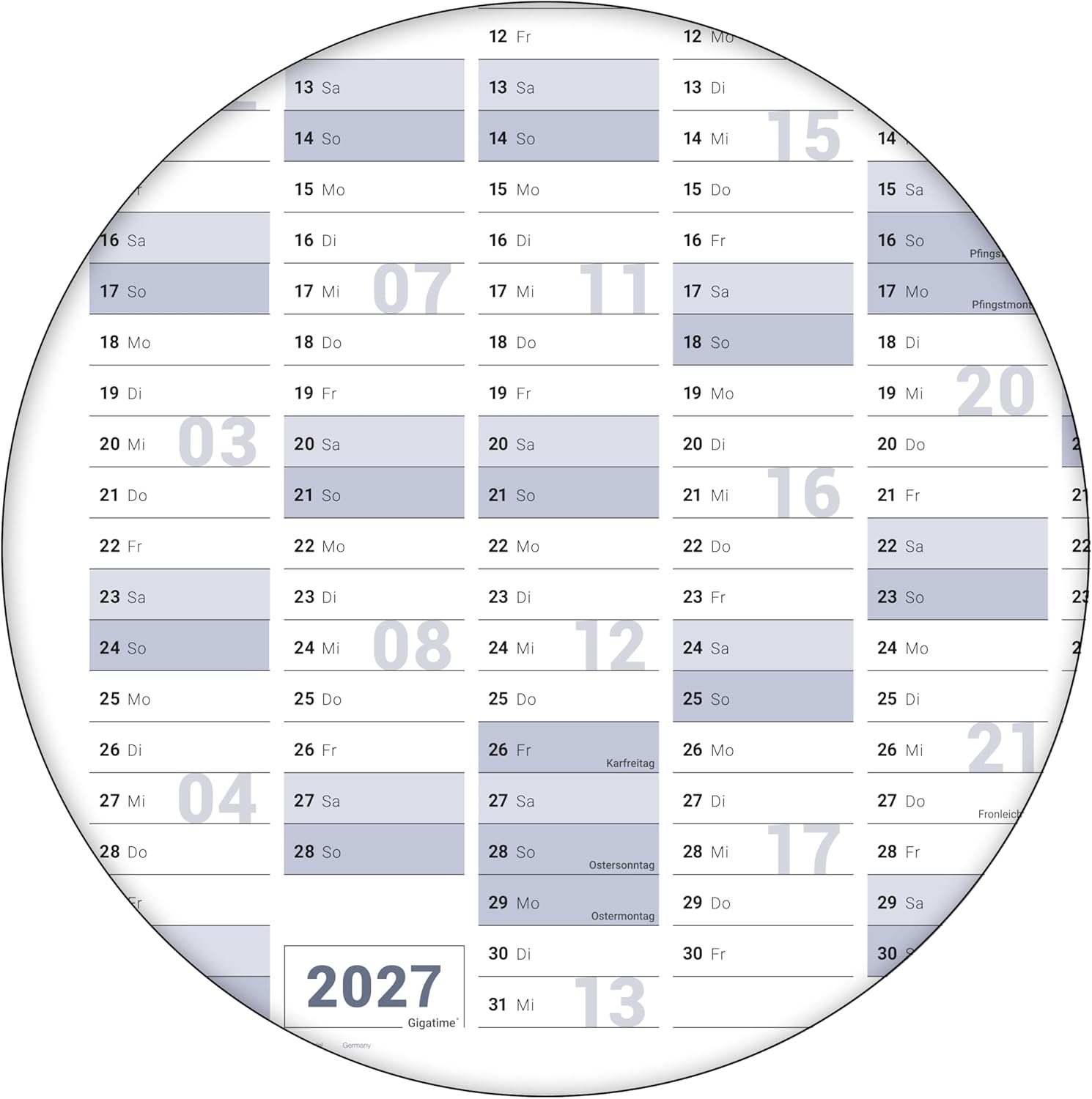 Wandkalender 2027 B0 1000 x 1414 mm blau grau abwischbar 250 g Papier